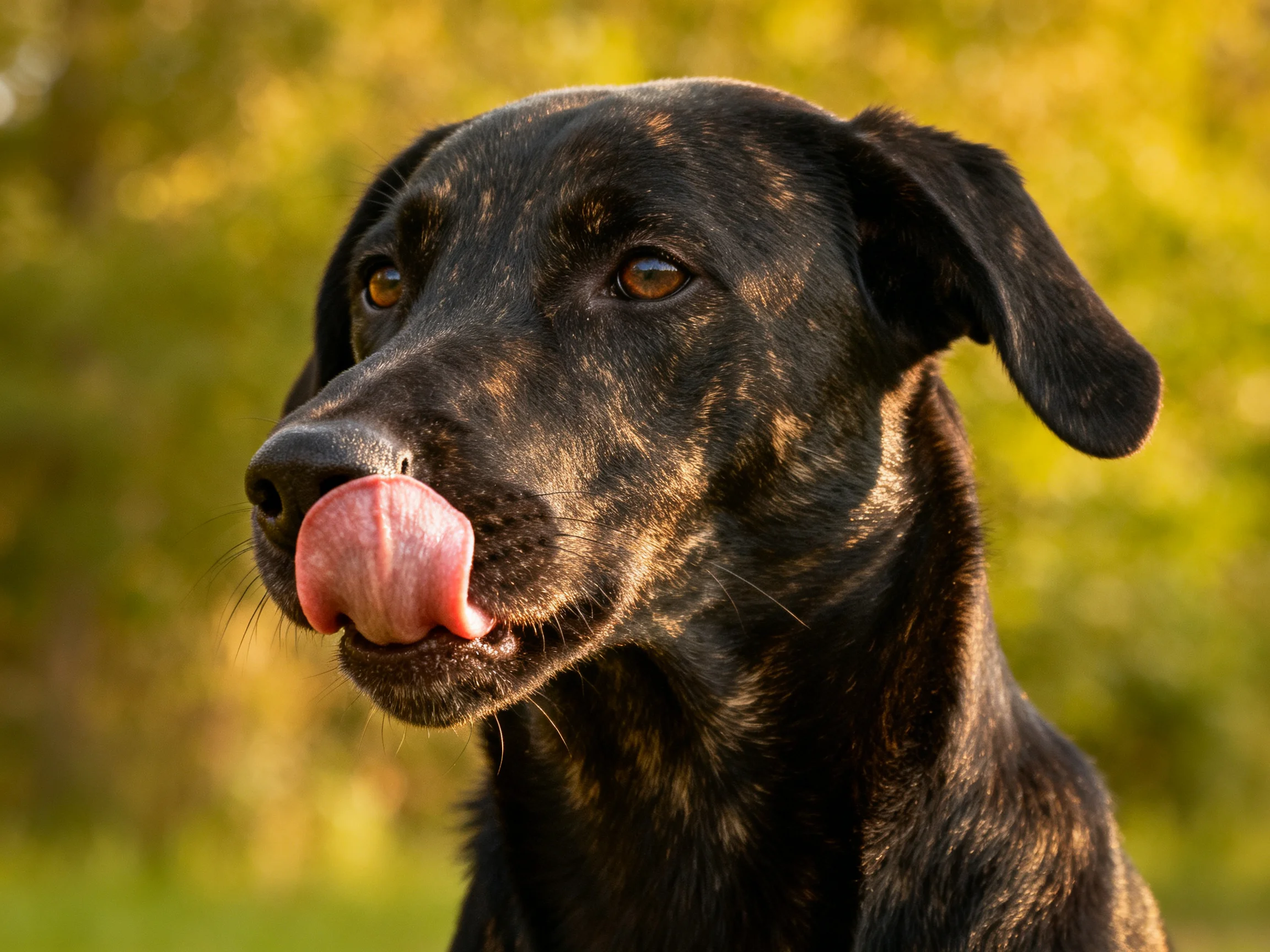 A black dog with brown patches licks its nose in a sunlit outdoor setting