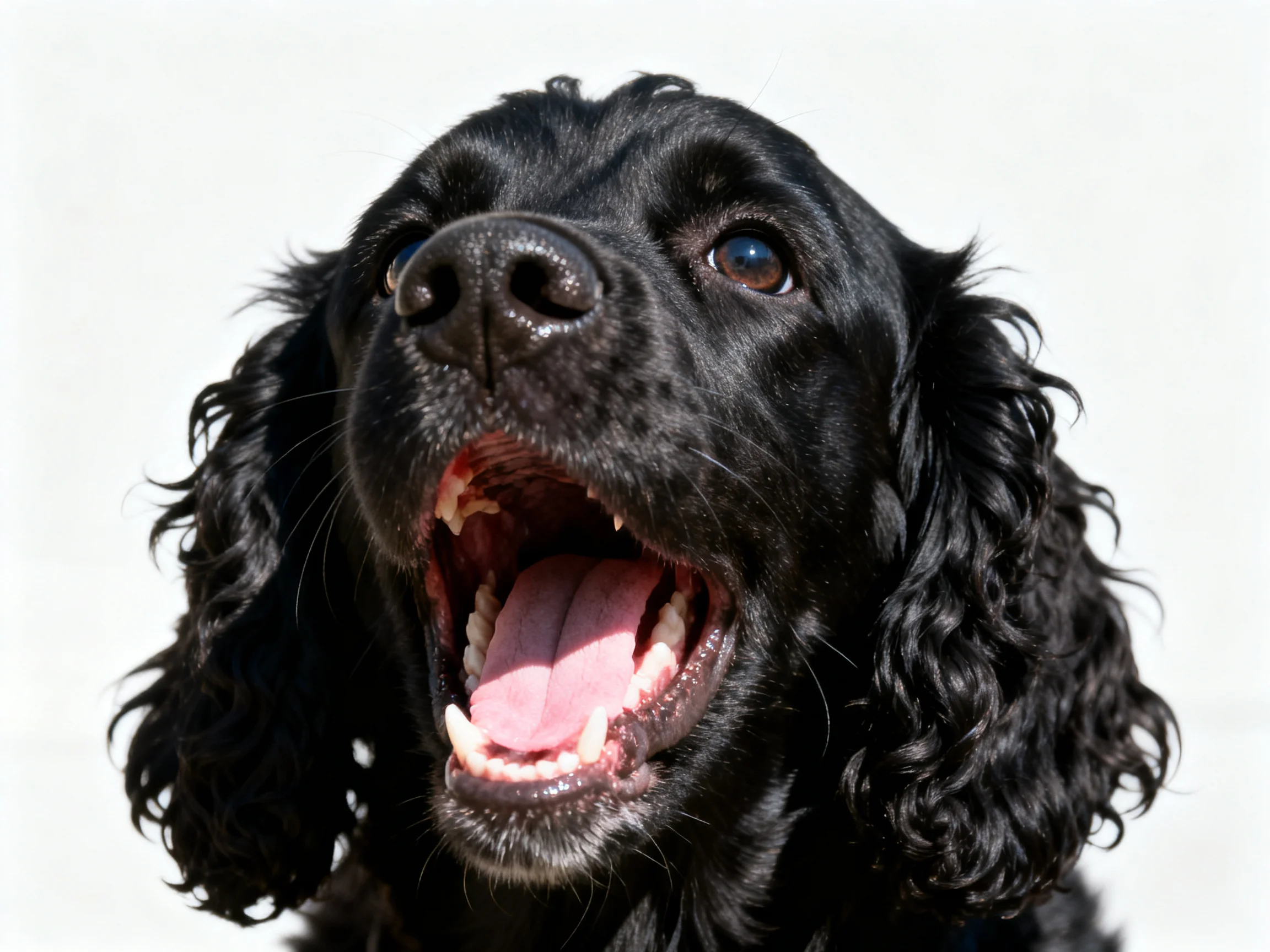 A black dog with curly fur opens its mouth widely