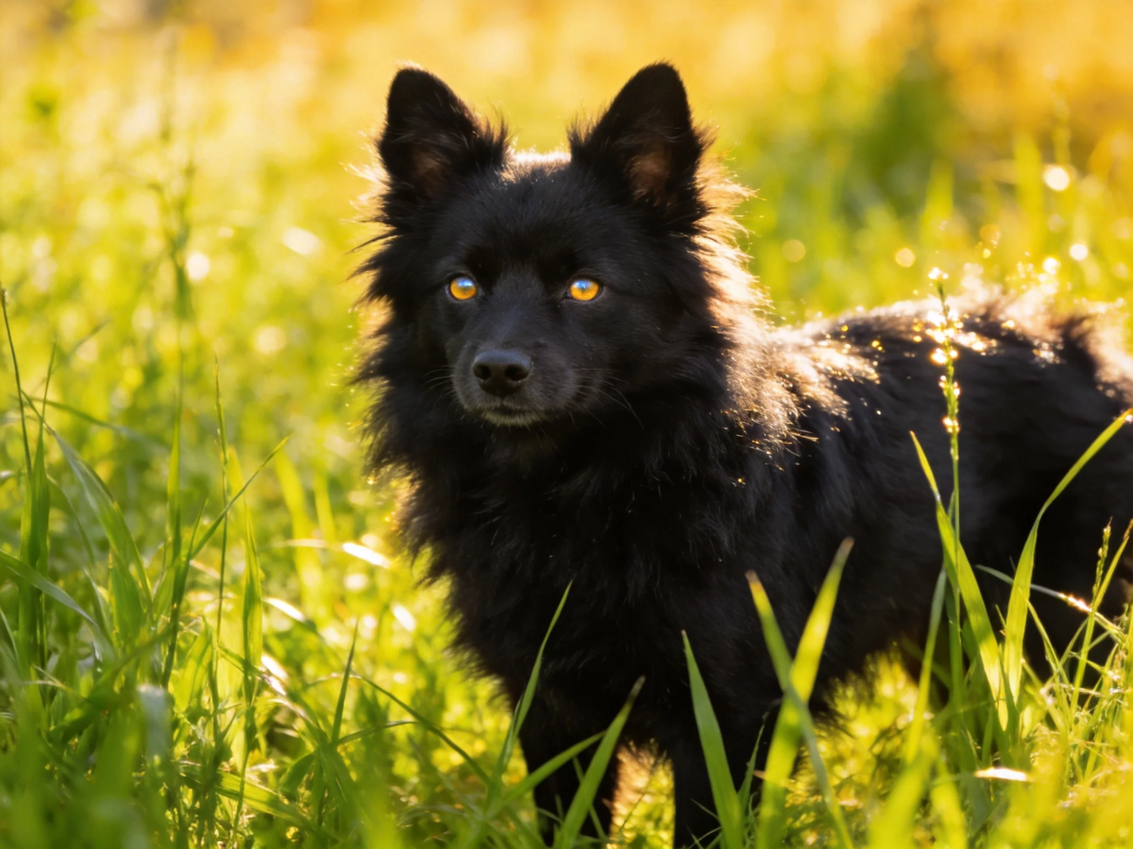 A black dog stands in a sunlit field of tall green grass.