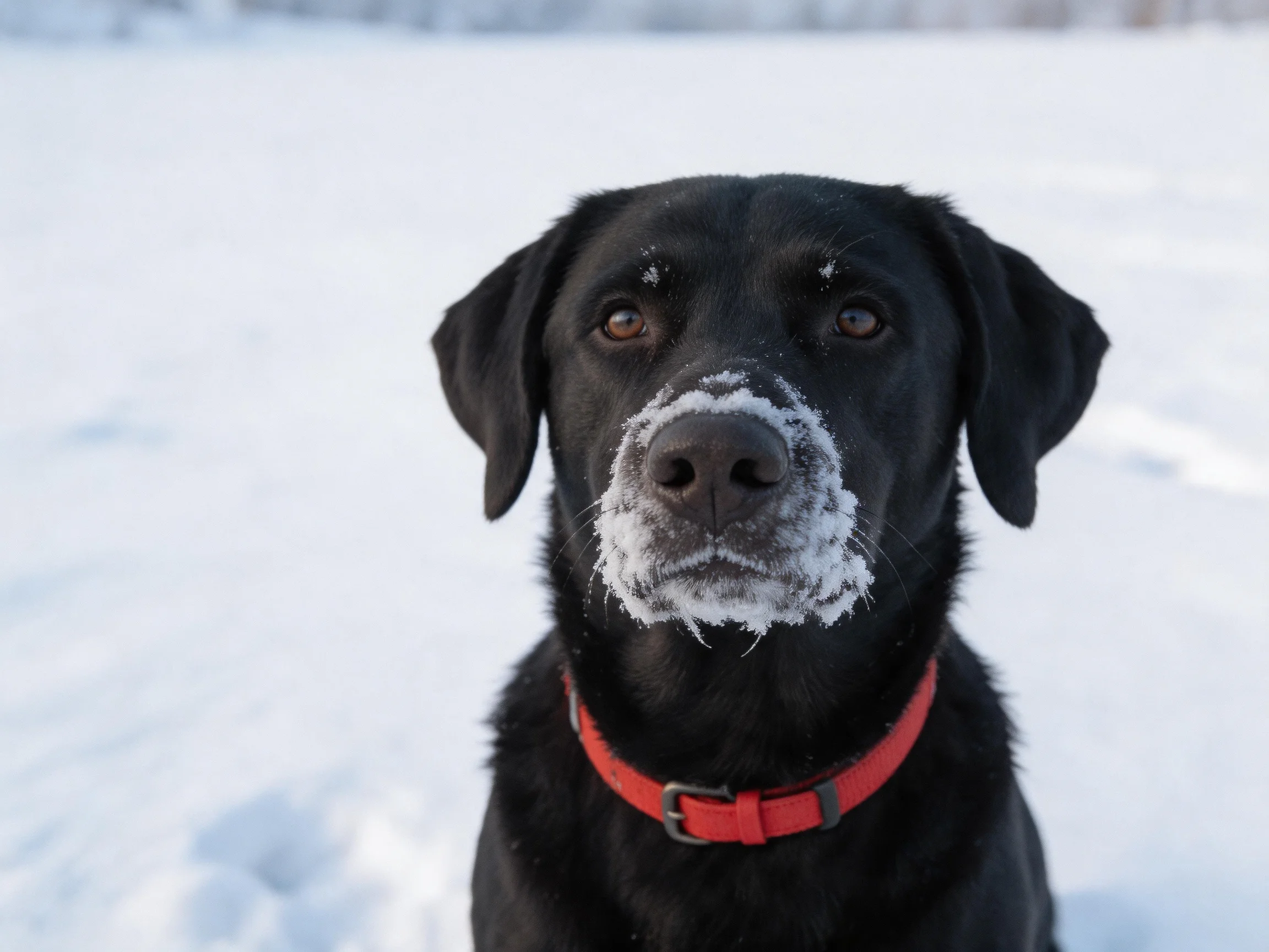 A black dog with frost on its face wears a red collar in a snowy setting.