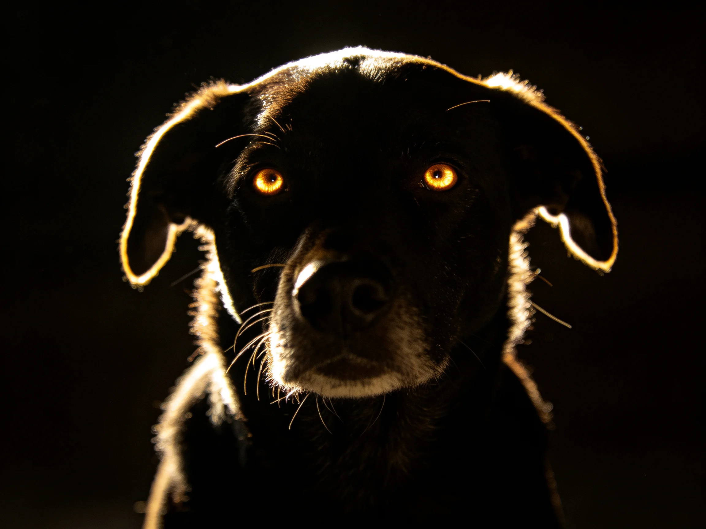 A black dog with glowing amber eyes highlighted by backlighting
