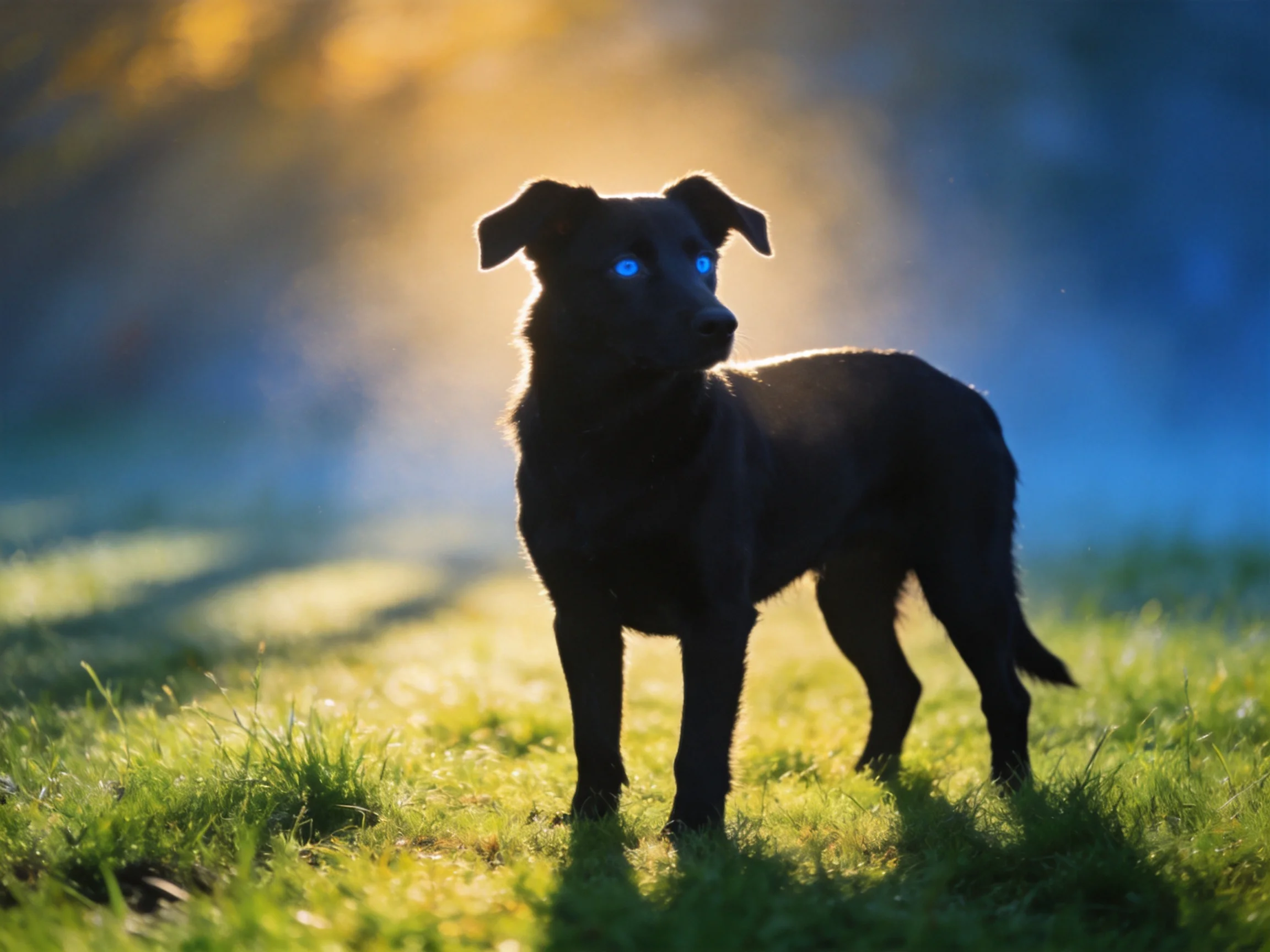 A black dog with glowing blue eyes stands in a sunlit grassy field.