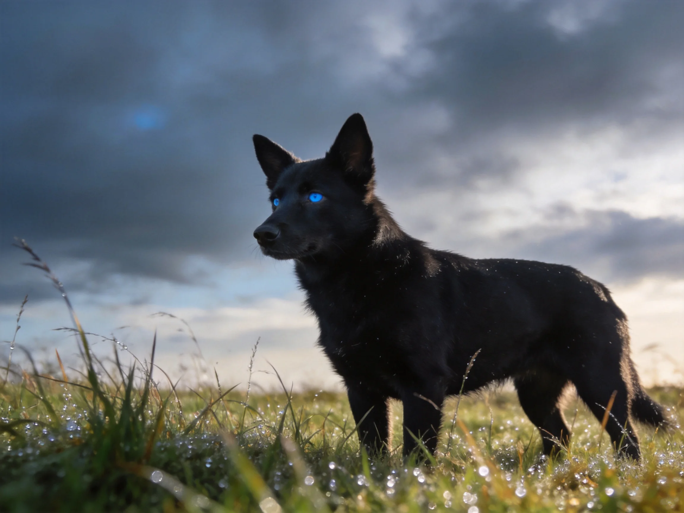 A black dog with glowing blue eyes stands in dewy grass under stormy skies