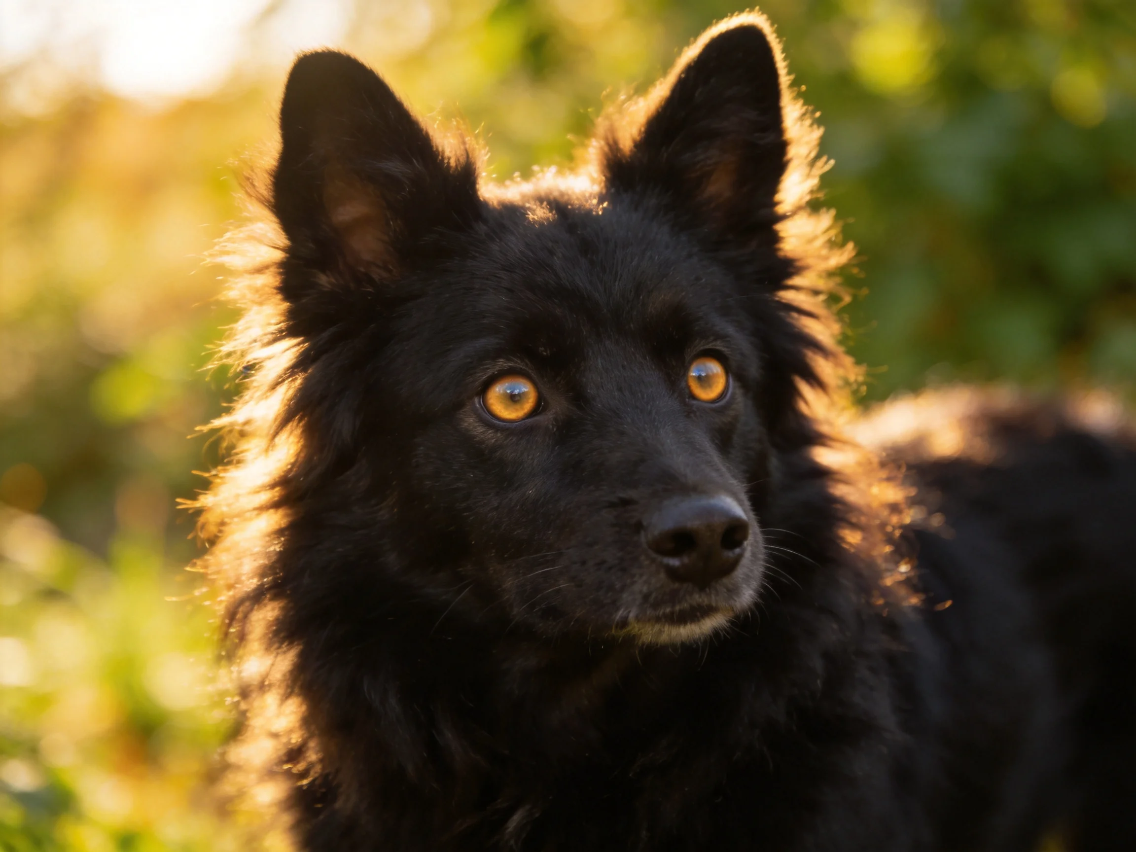 A black dog gazes attentively amid sunlit greenery.