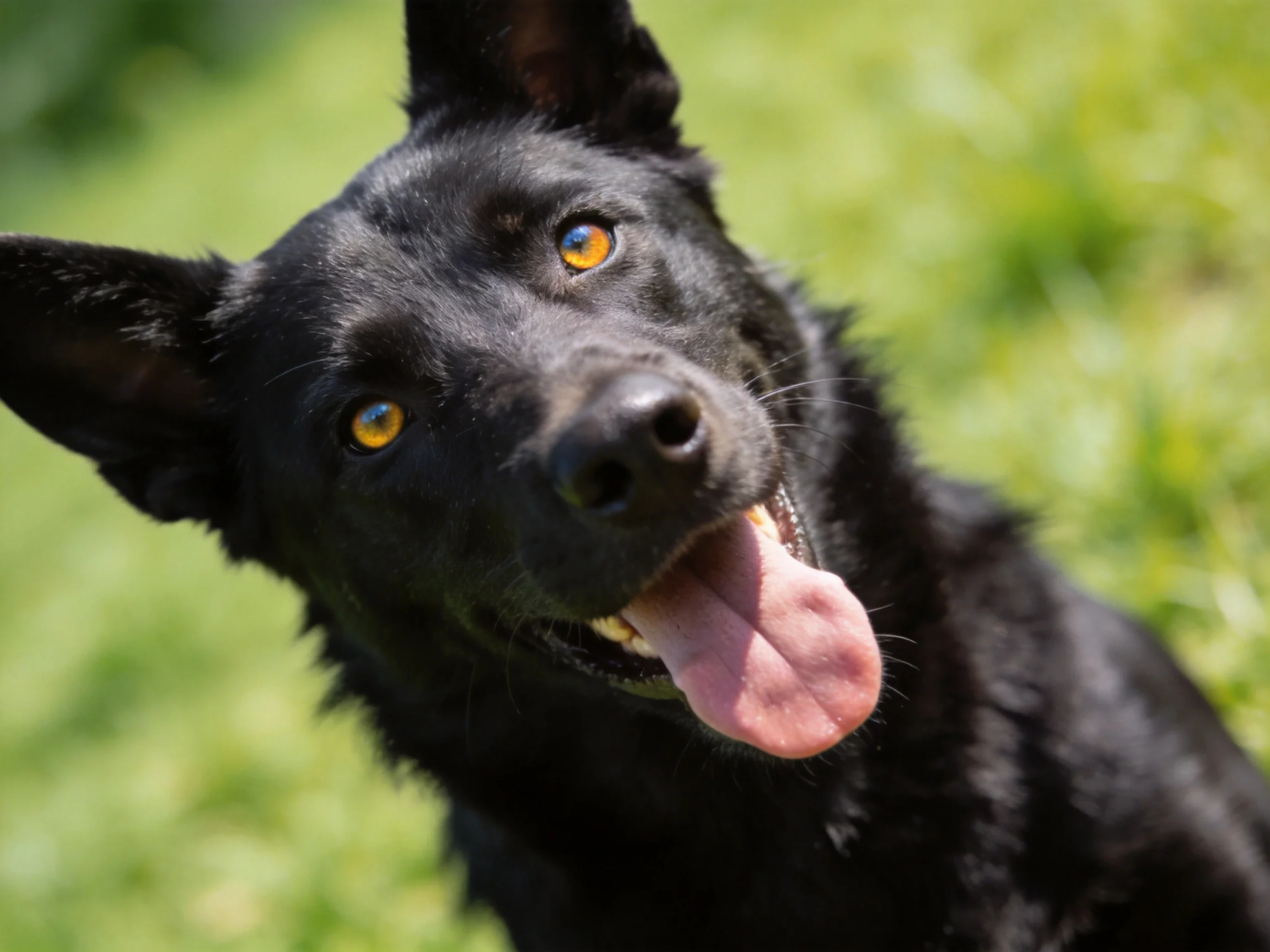 A black dog with golden eyes panting in a sunlit grassy area