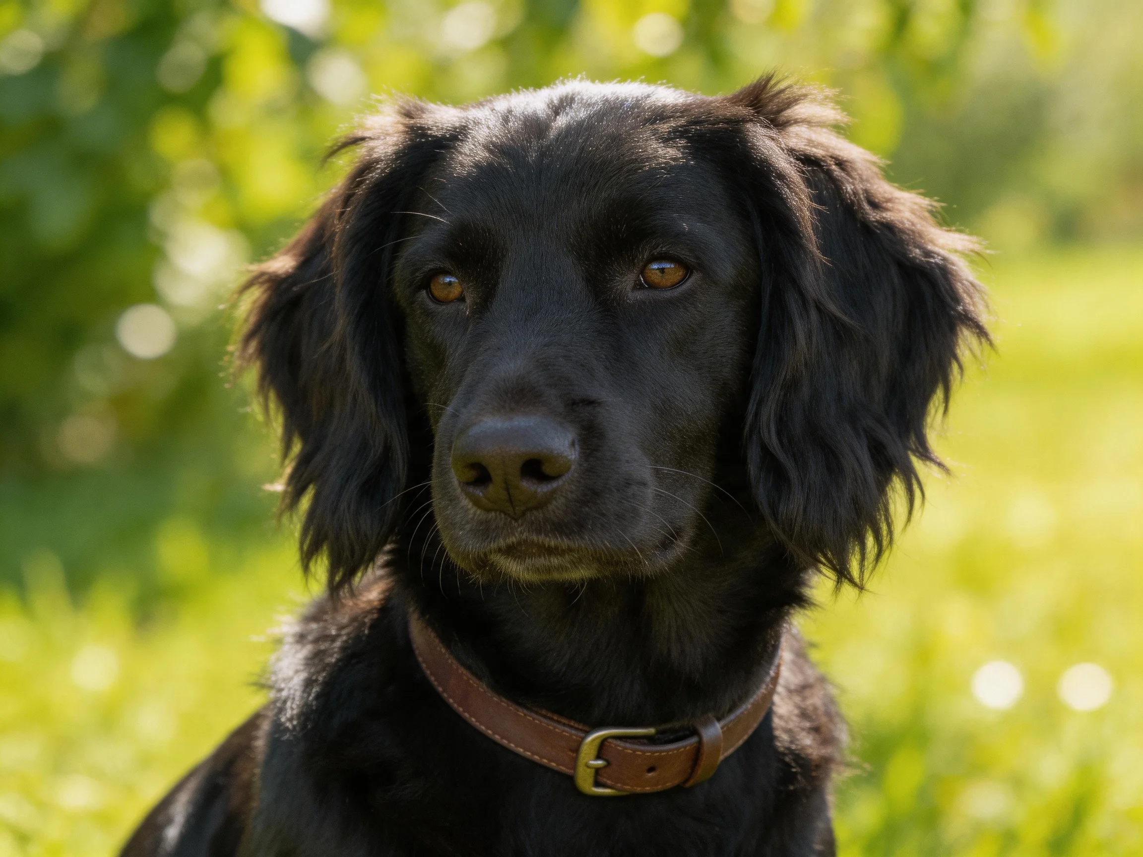 A black dog with long ears wears a brown leather collar