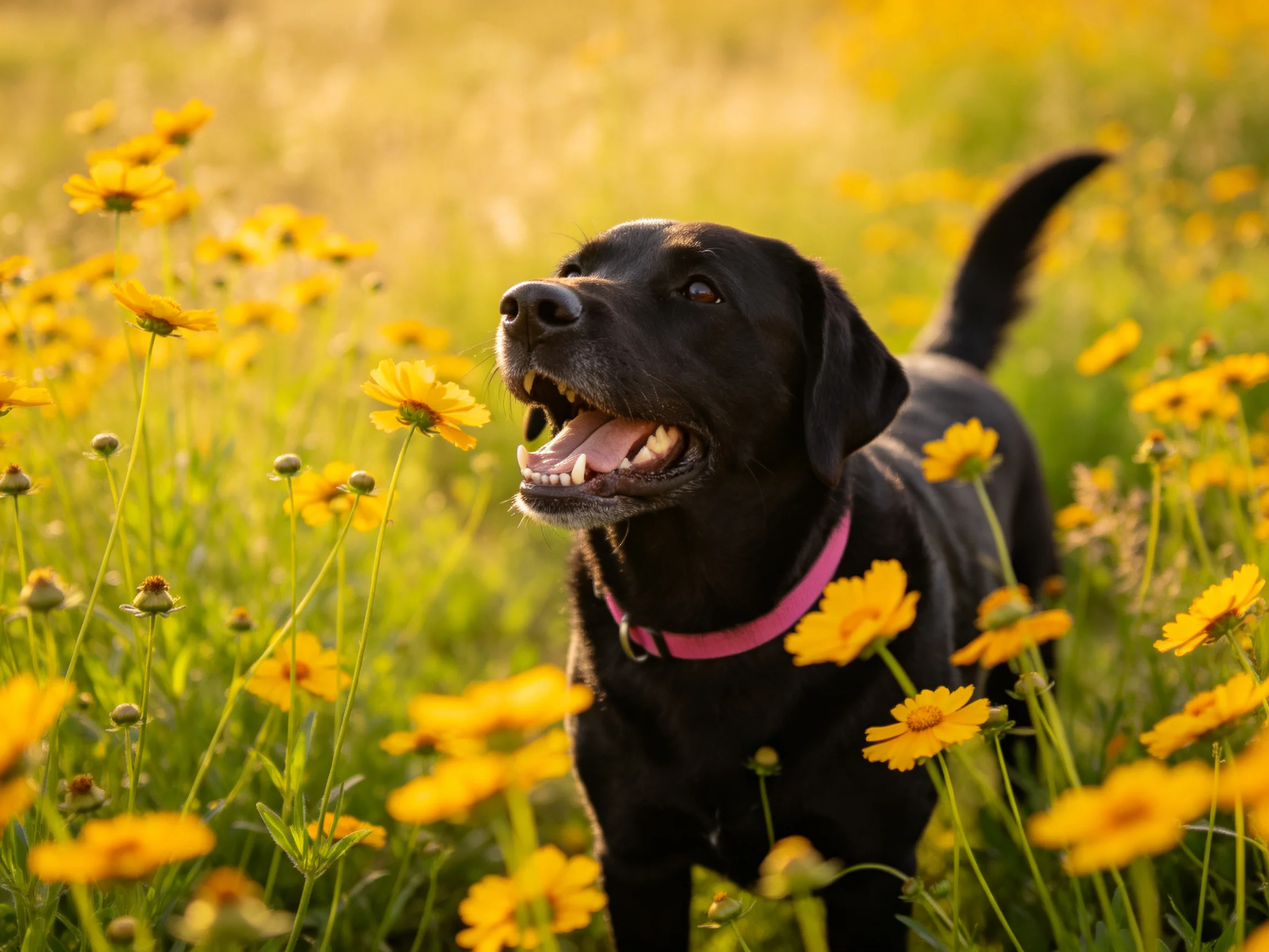 A black dog stands amid yellow wildflowers with mouth open