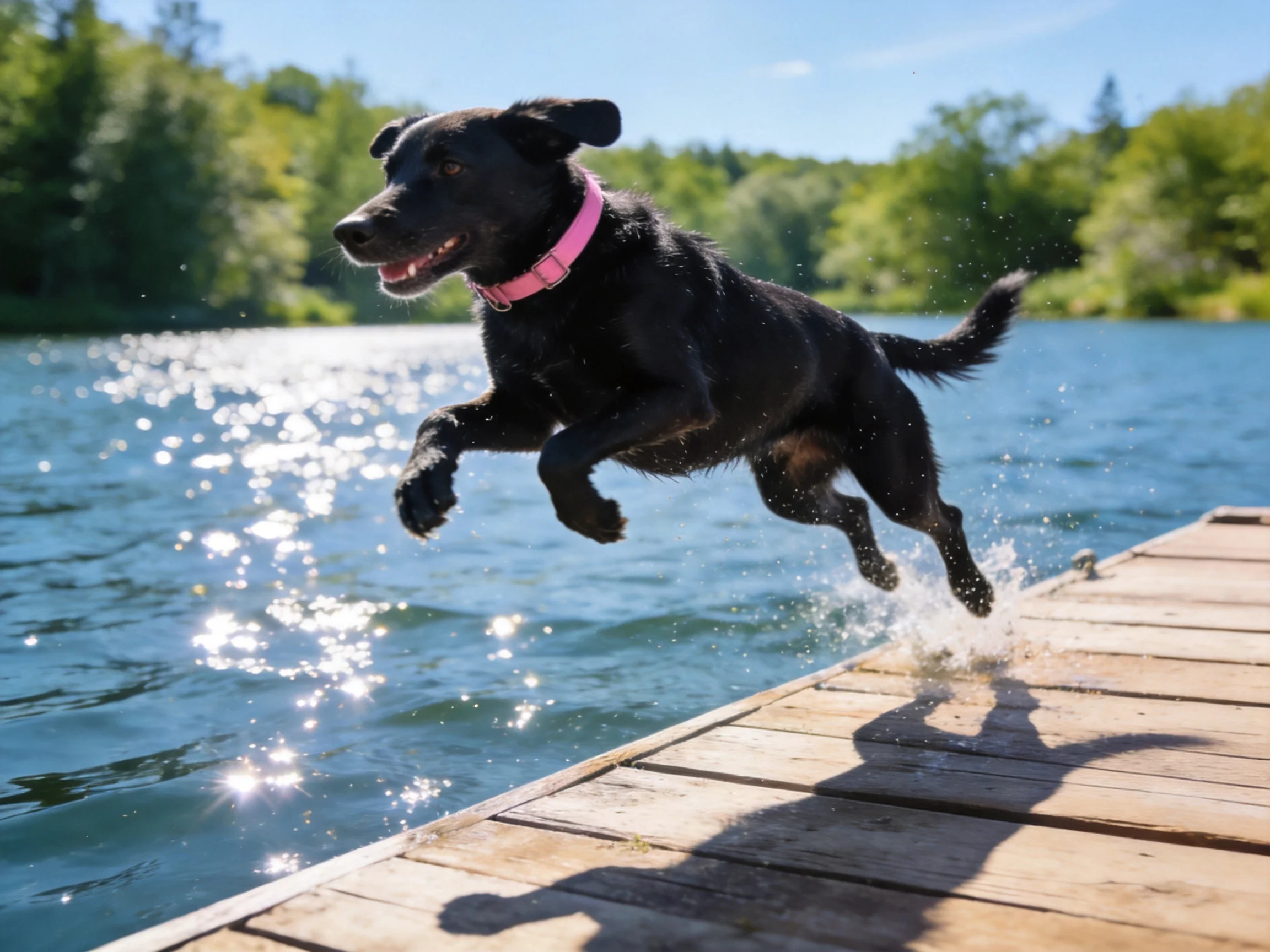 A black dog with pink collar leaps toward a shimmering lake from a wooden dock