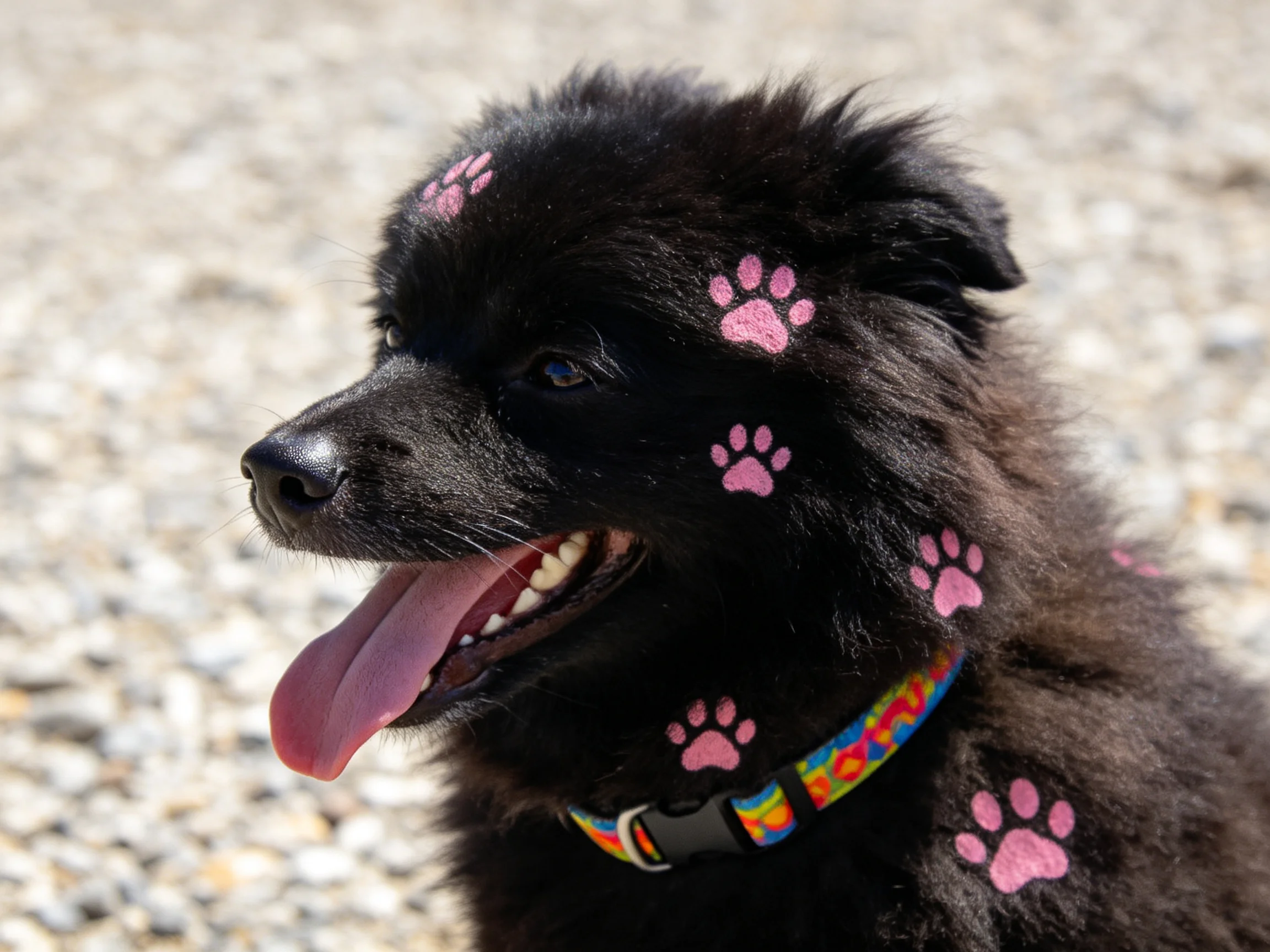 A black dog with pink paw prints wears a colorful collar outside.