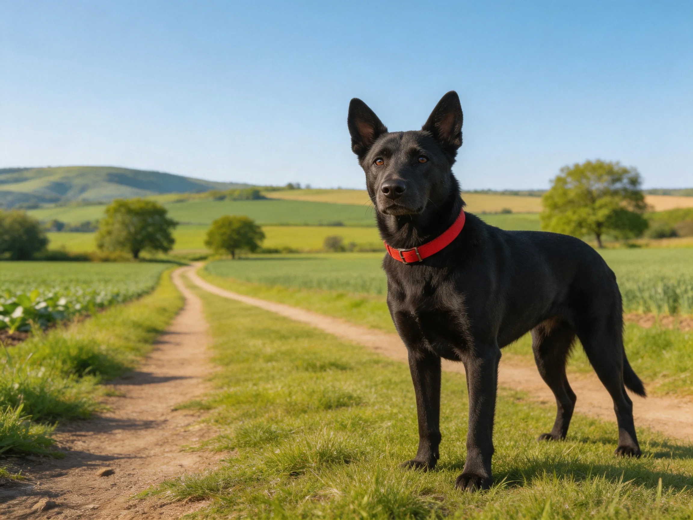 A black dog with red collar stands near a dirt path in green fields