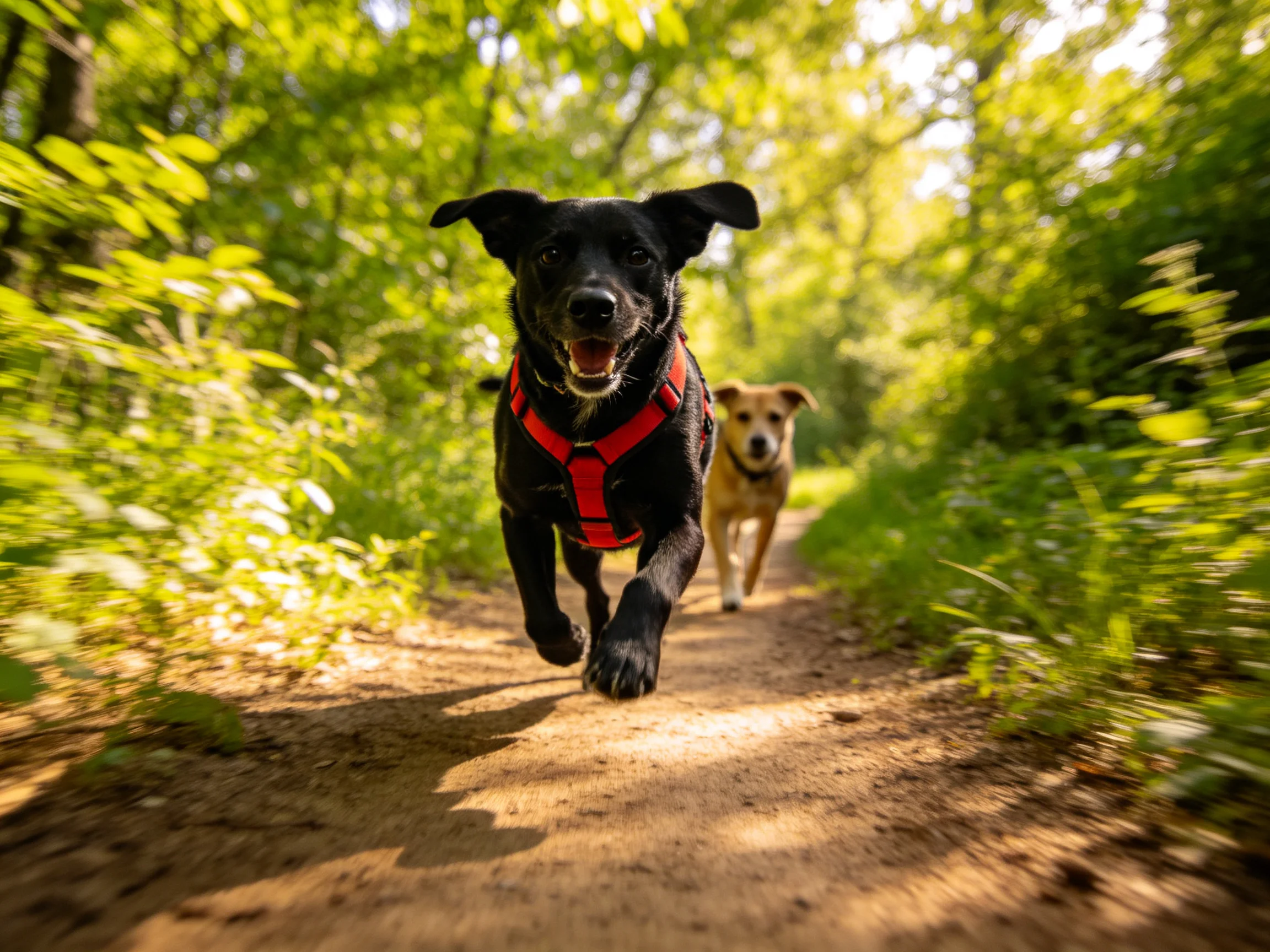 A black dog with red harness leads a tan dog on a forest trail