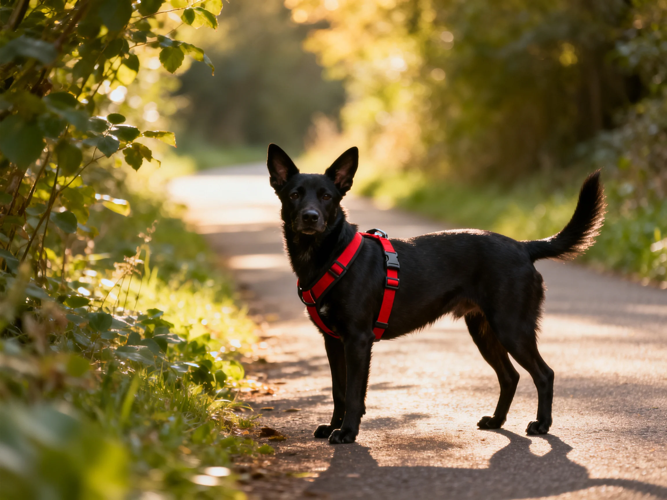 A black dog with red harness stands on a sunlit forest path