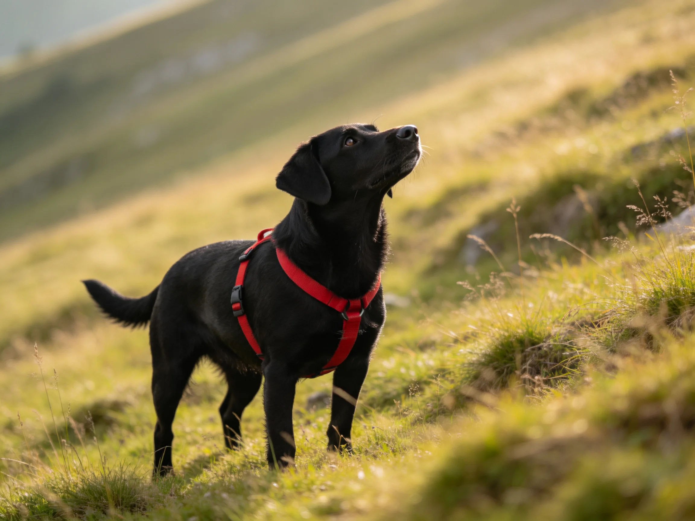 A black dog with red harness stands on a sunlit grassy hillside