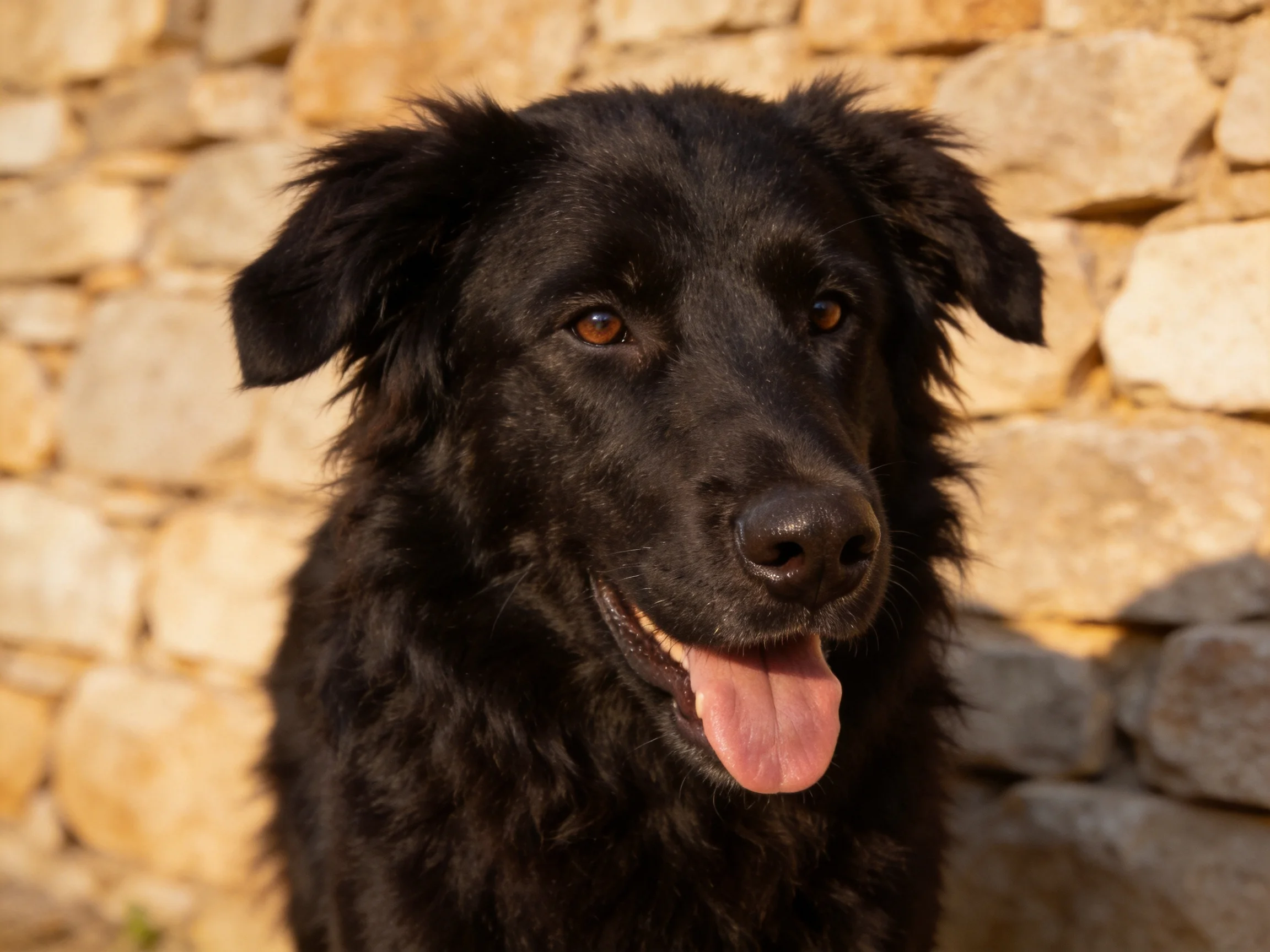 A black dog with shaggy fur near a stone wall