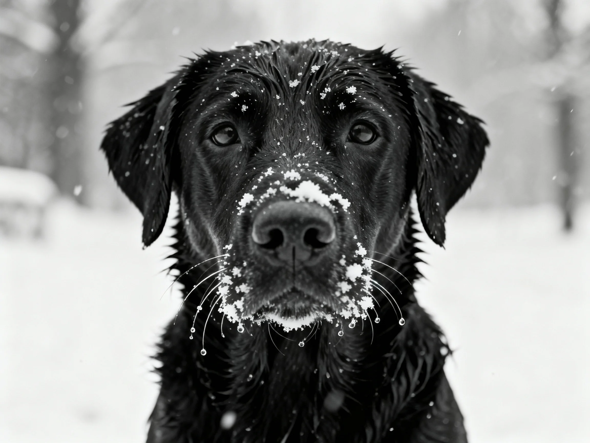 A black dog with snow on its face in a snowy landscape