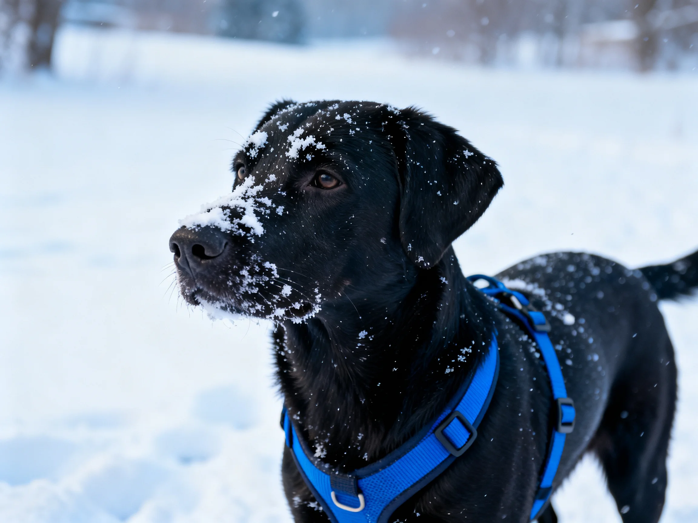 A black dog with snow on its face wears a blue harness in a snowy field