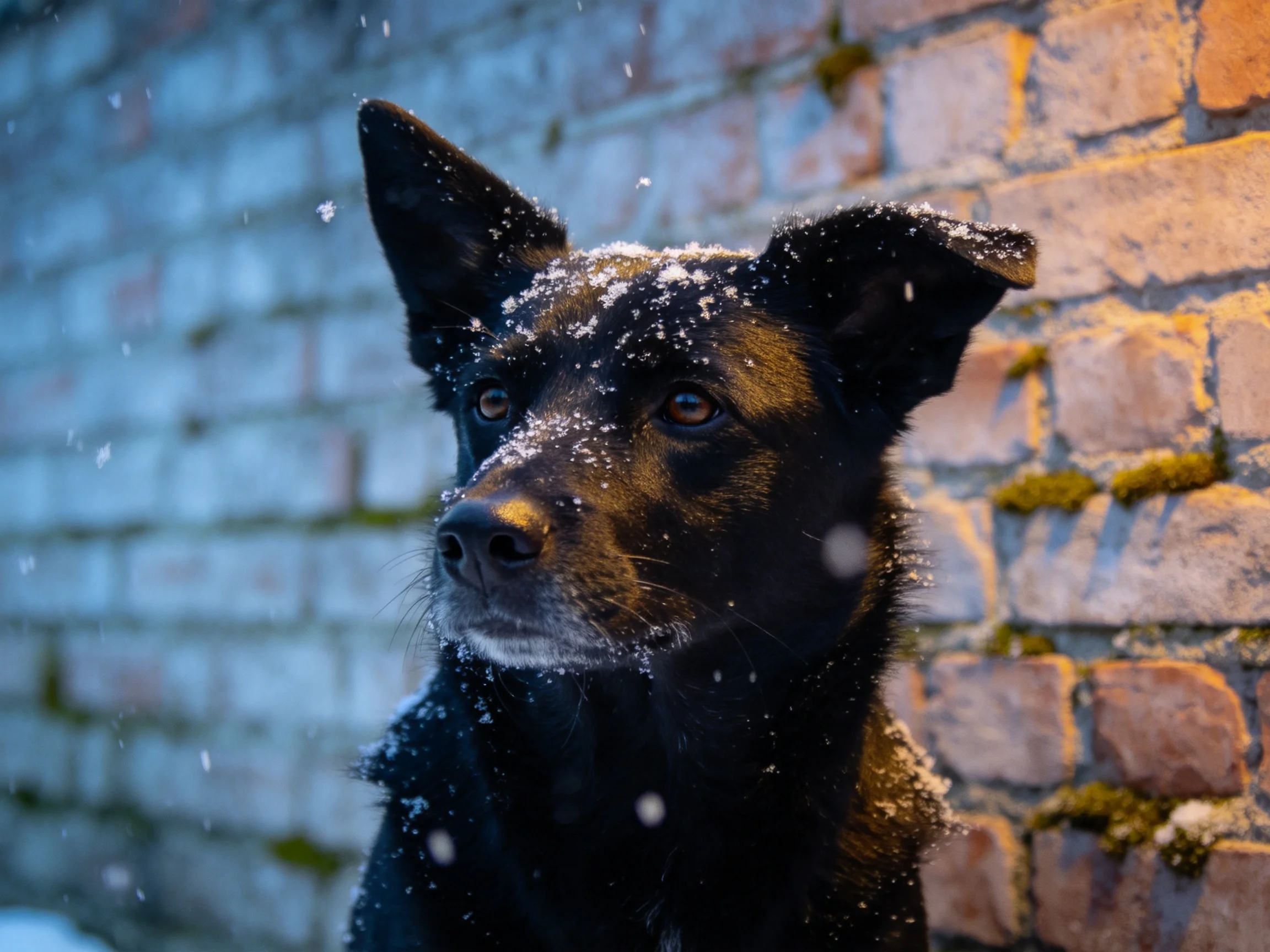 A black dog stands near an aged brick wall with snow on its coat.