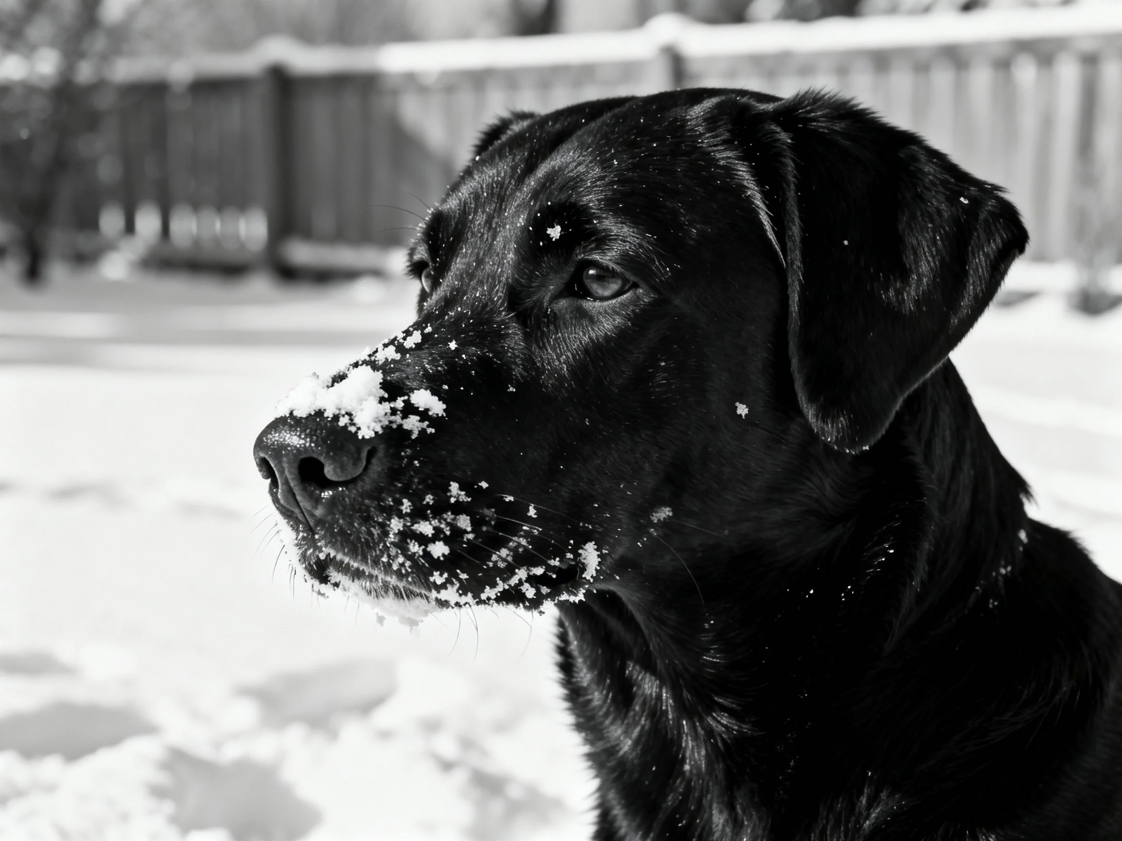 A black dog with snow on its snout in a snowy backyard