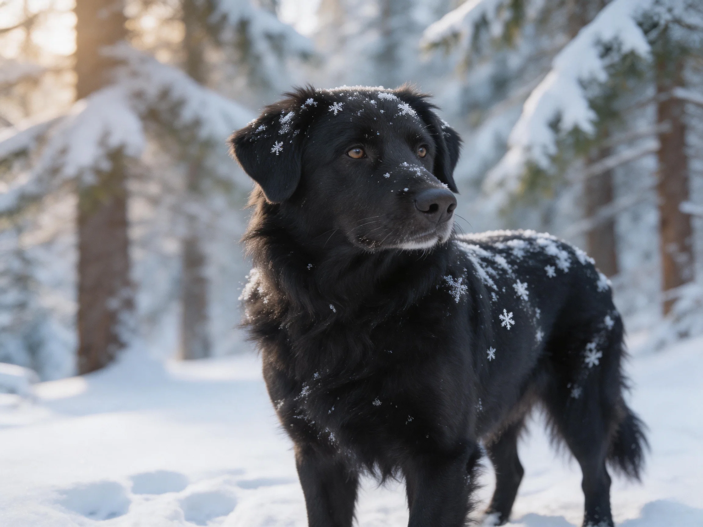 A black dog with snowflakes in a snow - covered forest