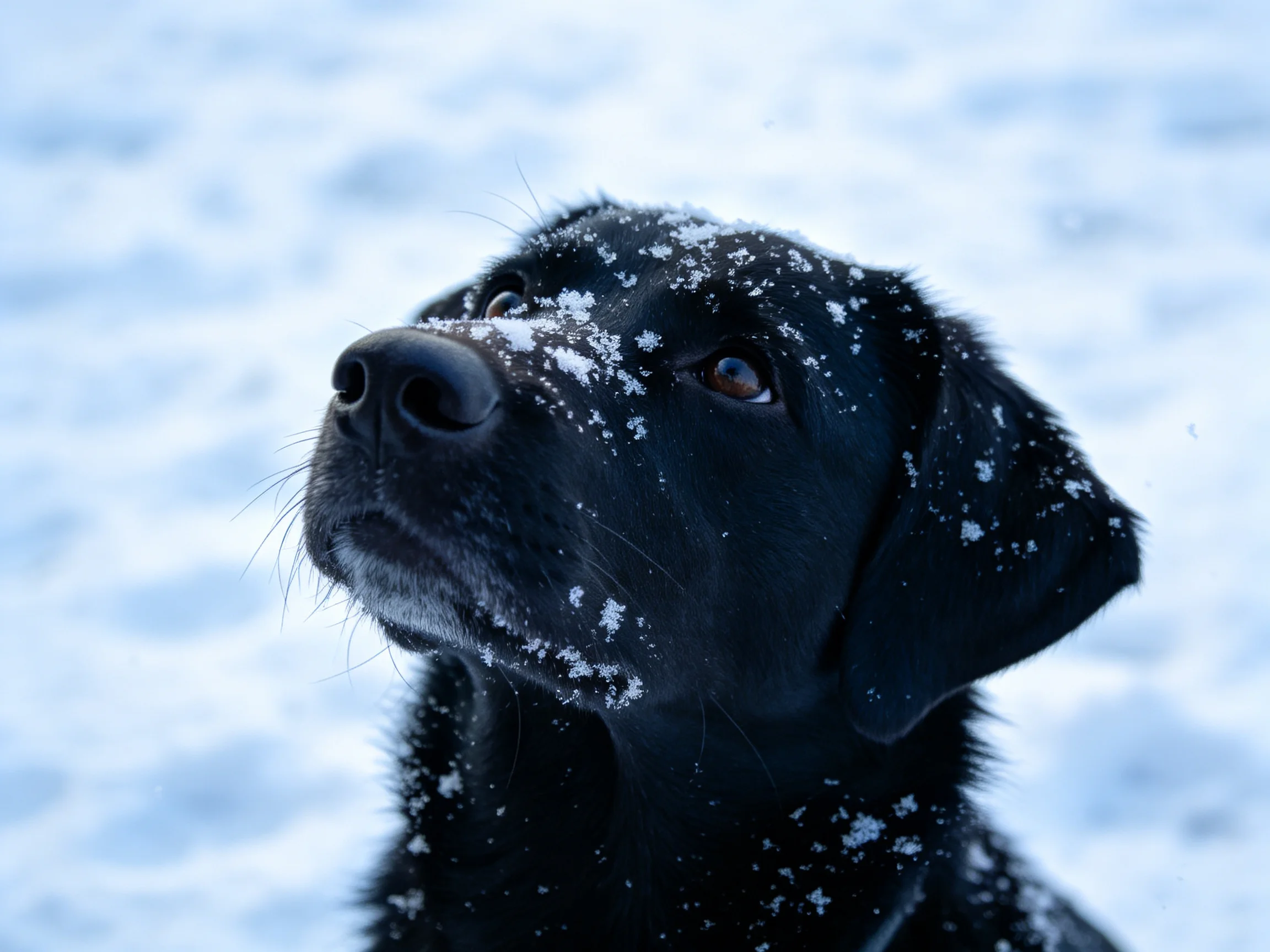 A black dog with snowflakes on its glossy coat in a wintry landscape