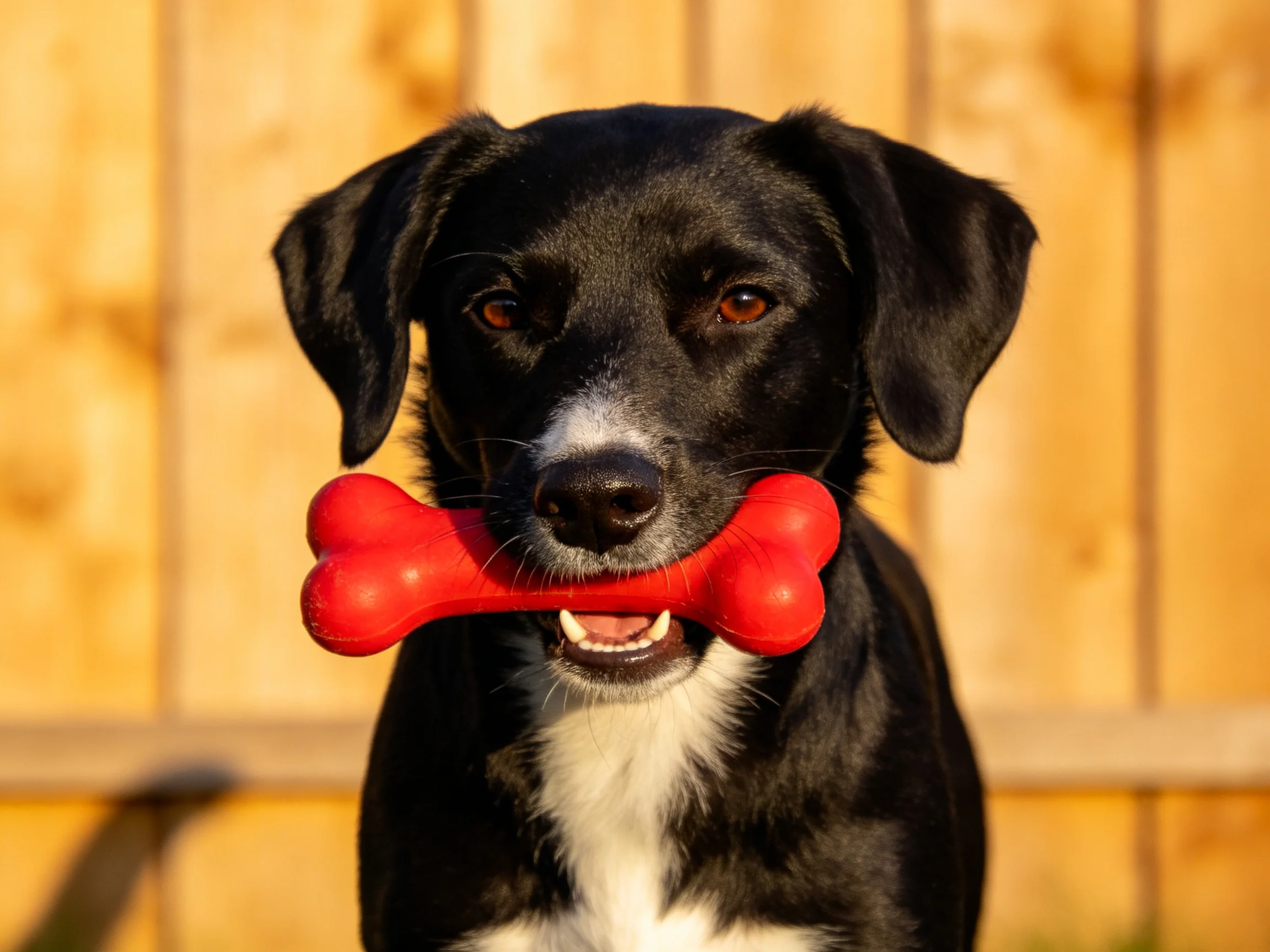A black dog with white chest holds a bright red bone near a wooden fence