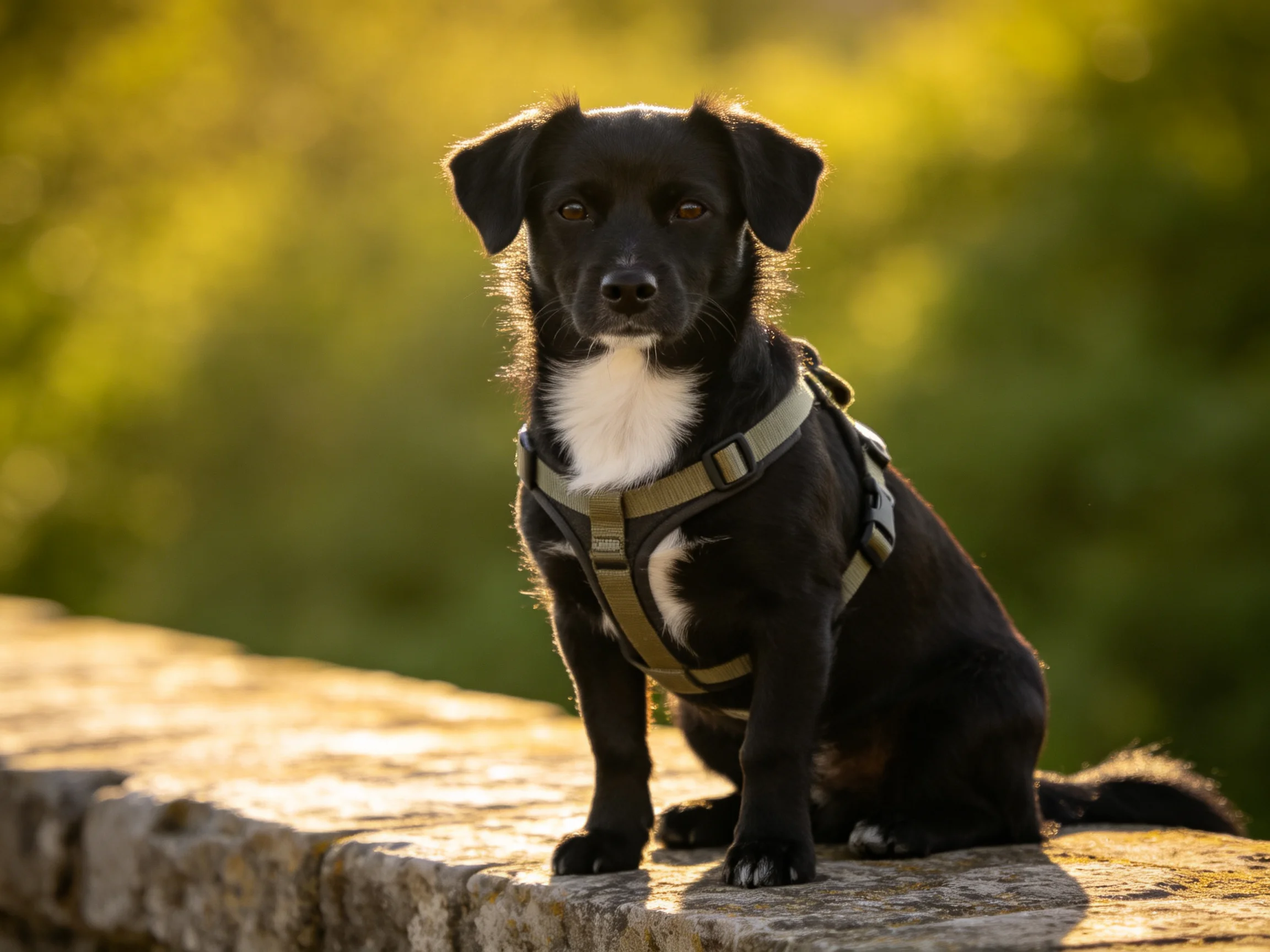 A black dog with white chest sits on a stone ledge in golden light