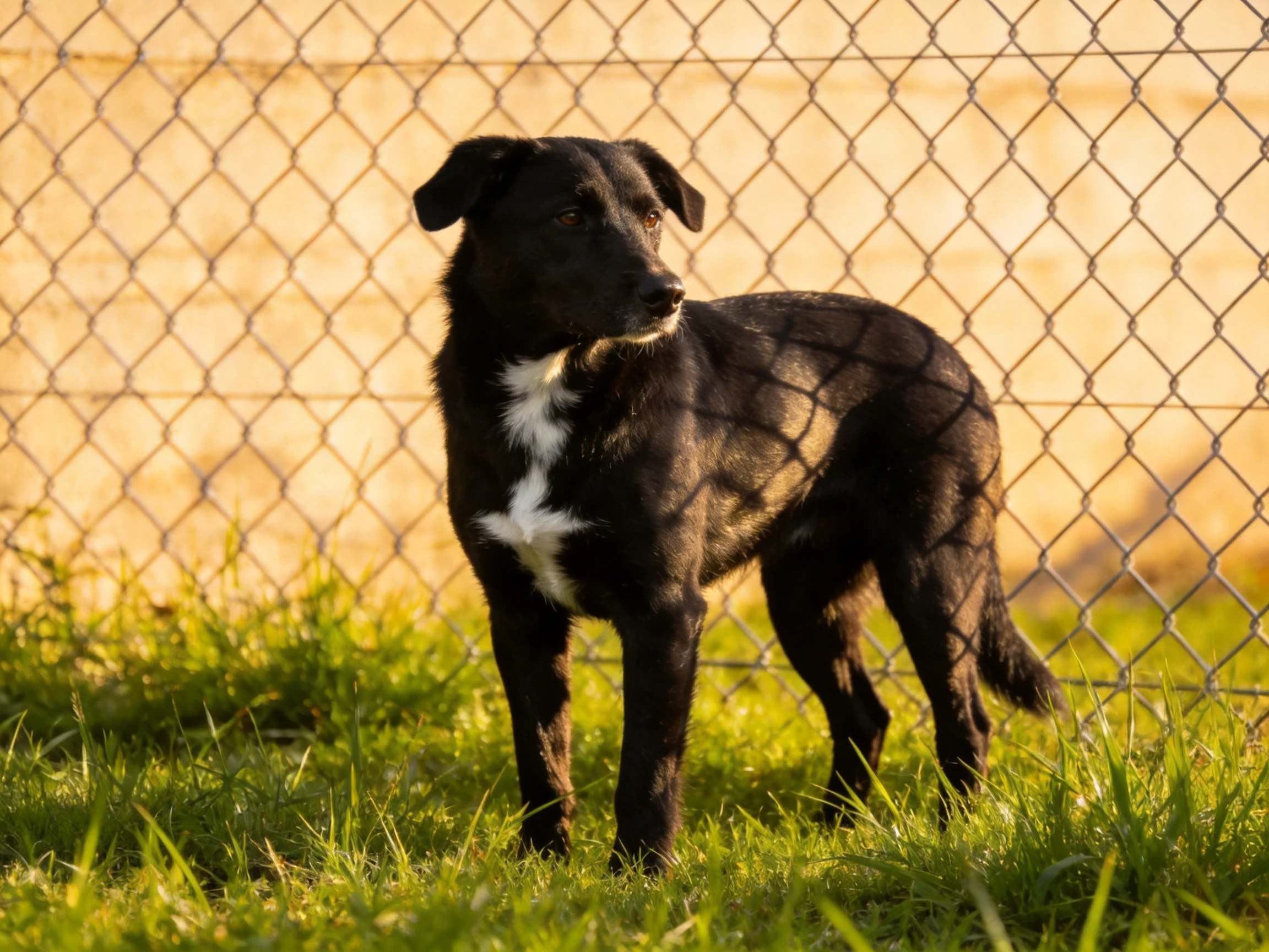 A black dog with white markings stands near a chain-link fence on green grass