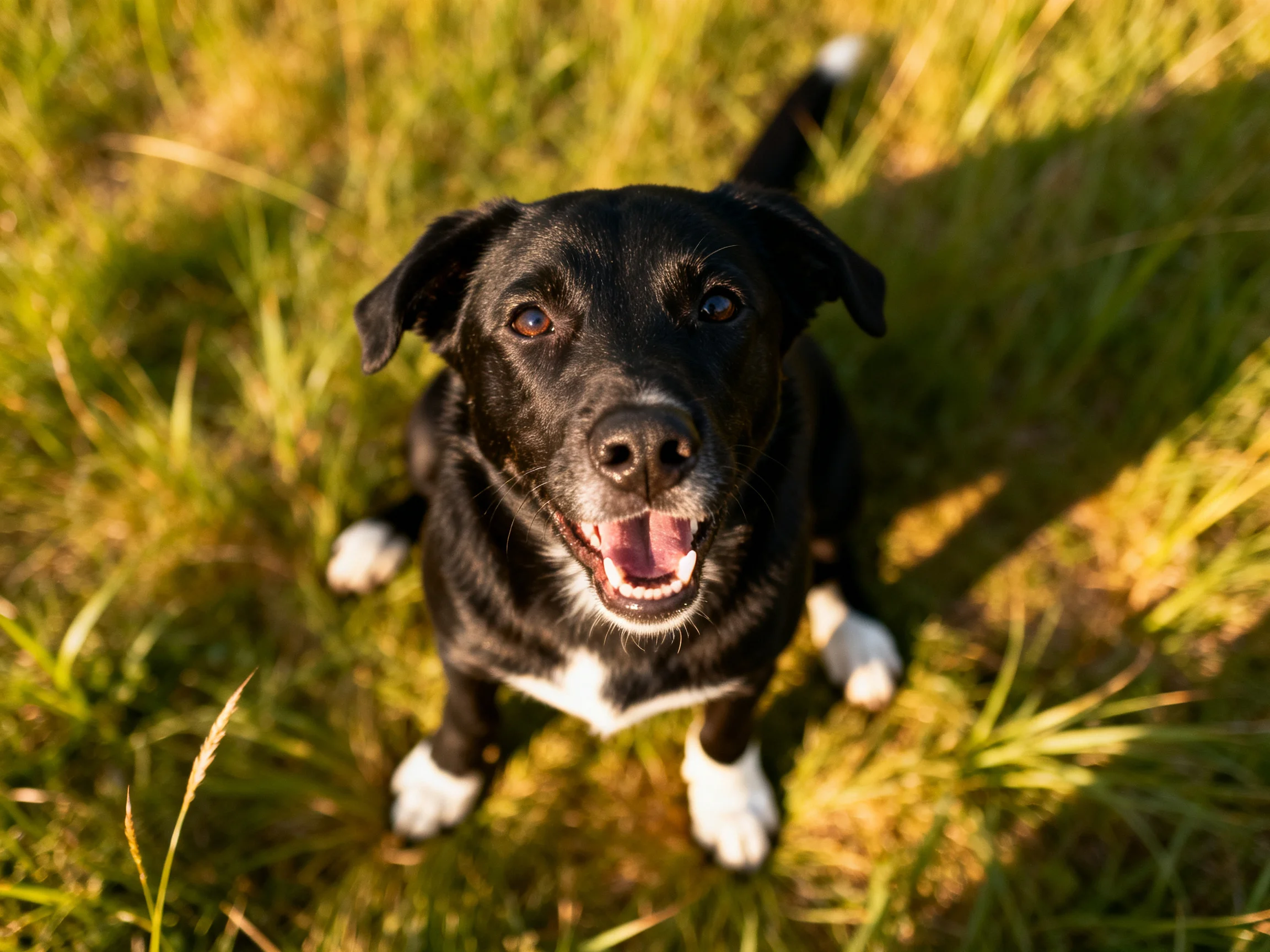 A black dog with white paws sitting in sunlit grass