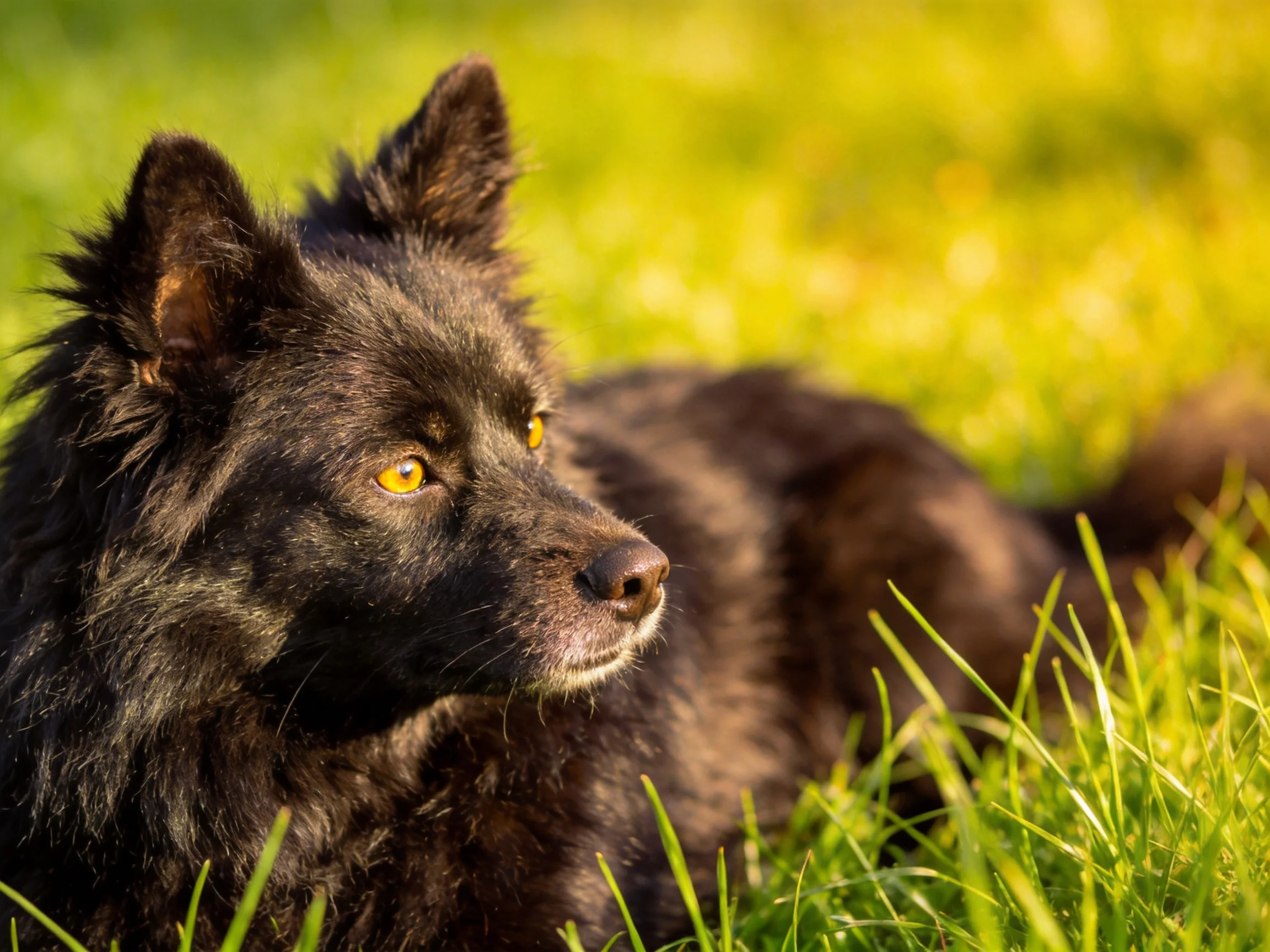 A black dog with yellow eyes rests in lush green grass