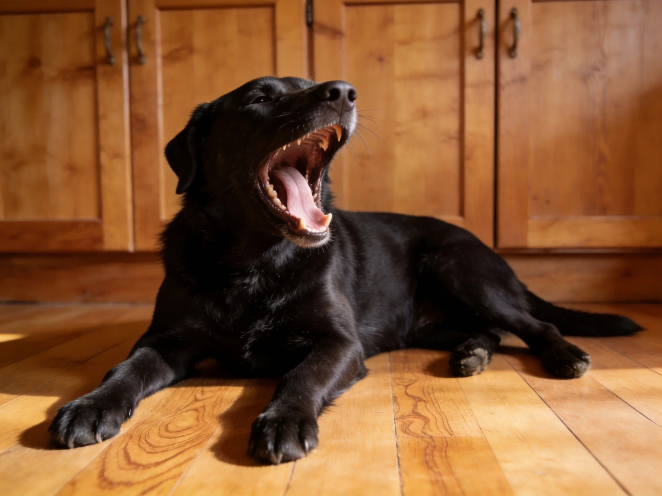 A black dog yawning on a polished wooden floor near wooden cabinets
