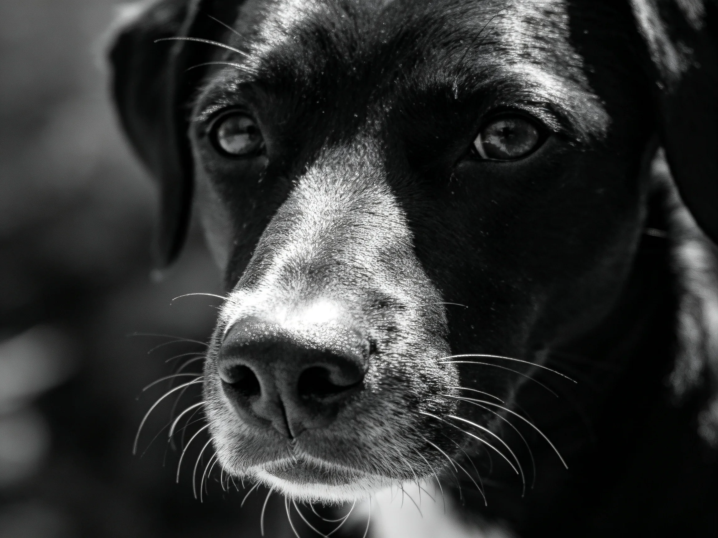 A black dogs close - up facial details in monochrome