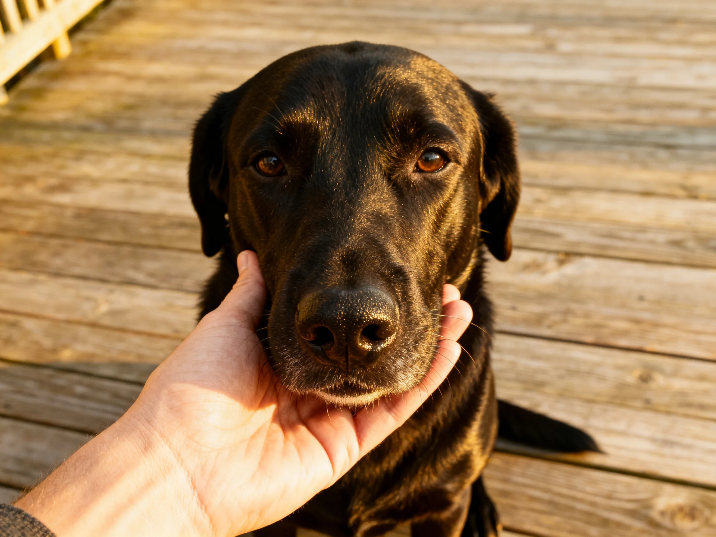A black dogs face is touched by a human hand on a wooden deck
