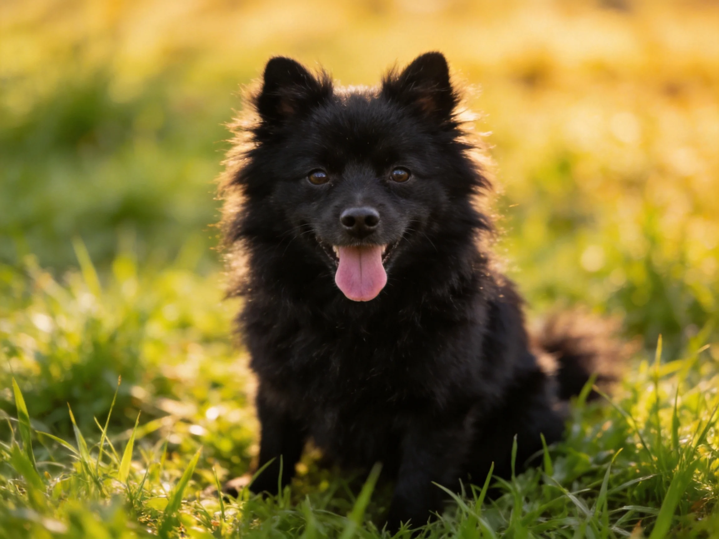 A black, fluffy dog resting in sun-drenched grassy terrain