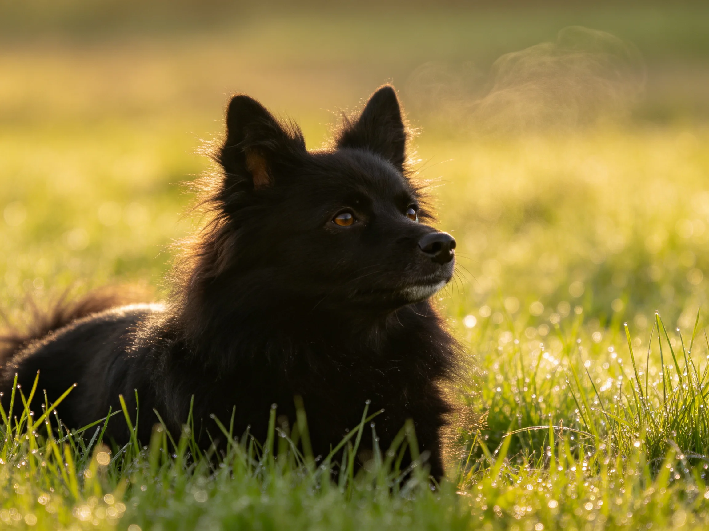 A black fluffy dog rests in dewy green grass under golden sunlight