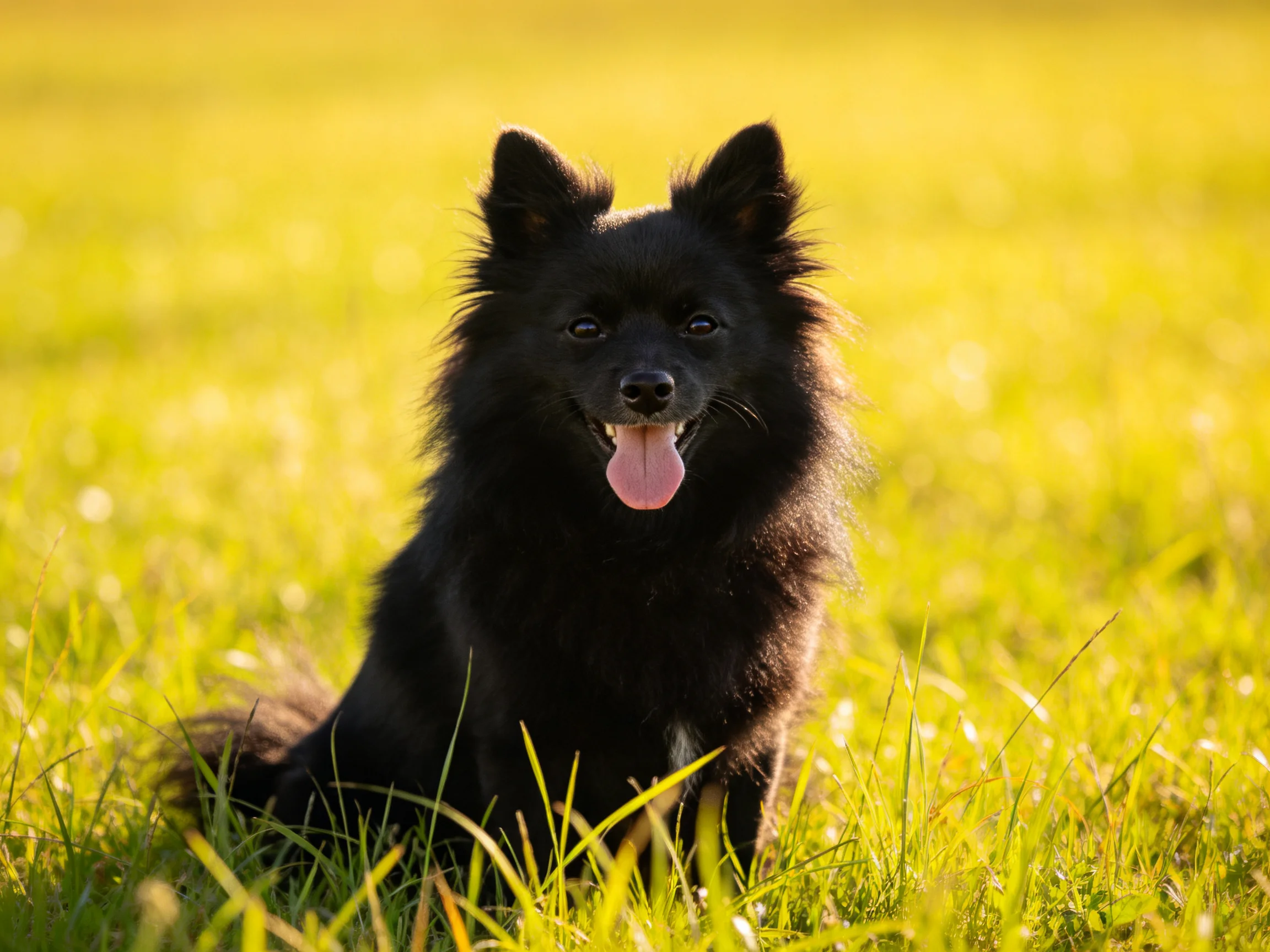 A black fluffy dog sits amid vibrant green-yellow grass