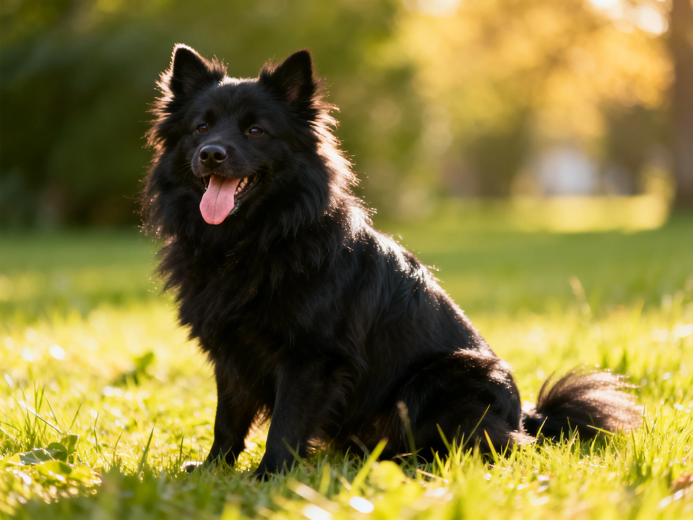 A black fluffy dog sits contentedly on sunlit green grass