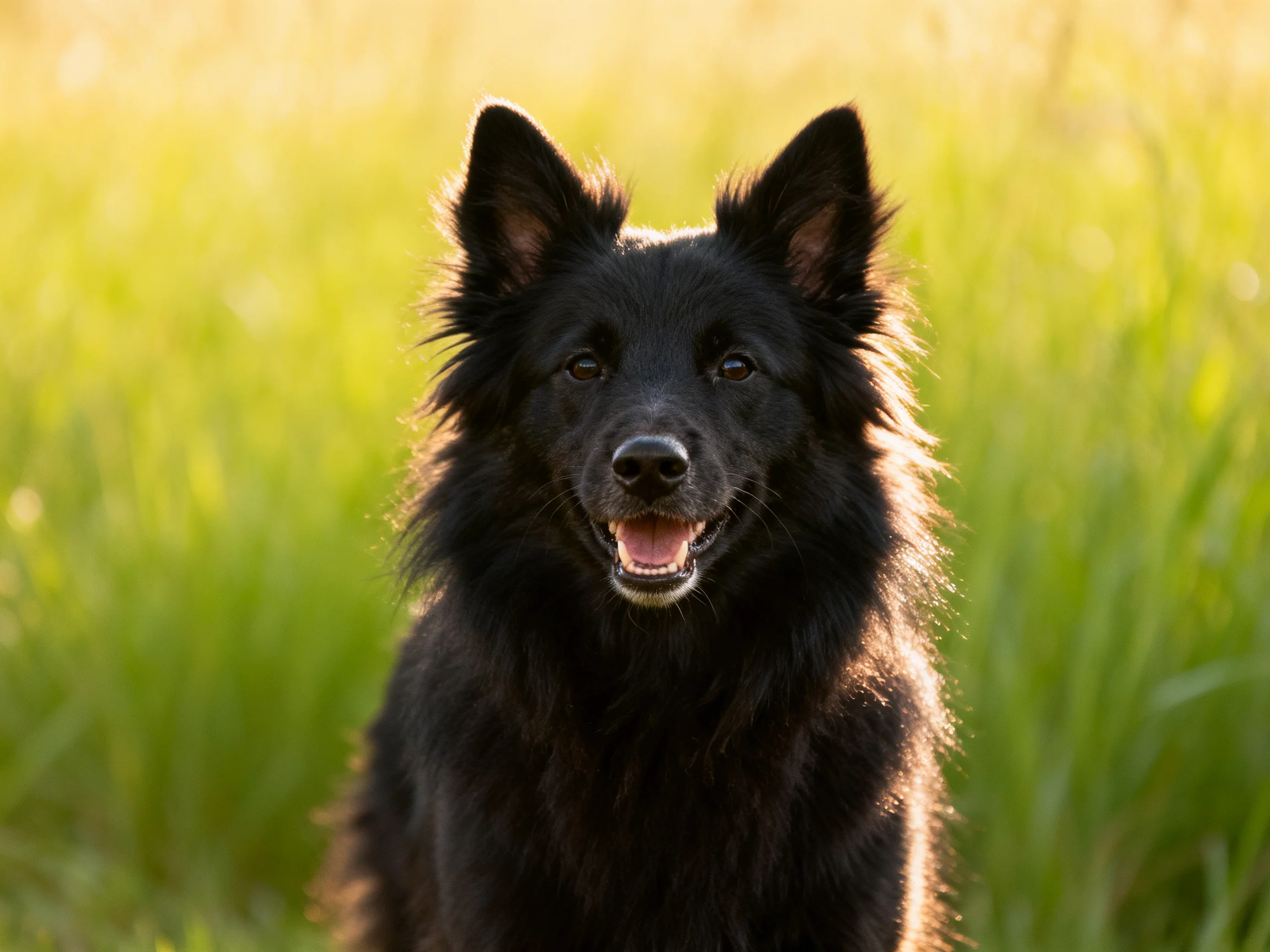 A black dog stands contentedly in sunlit greenery.
