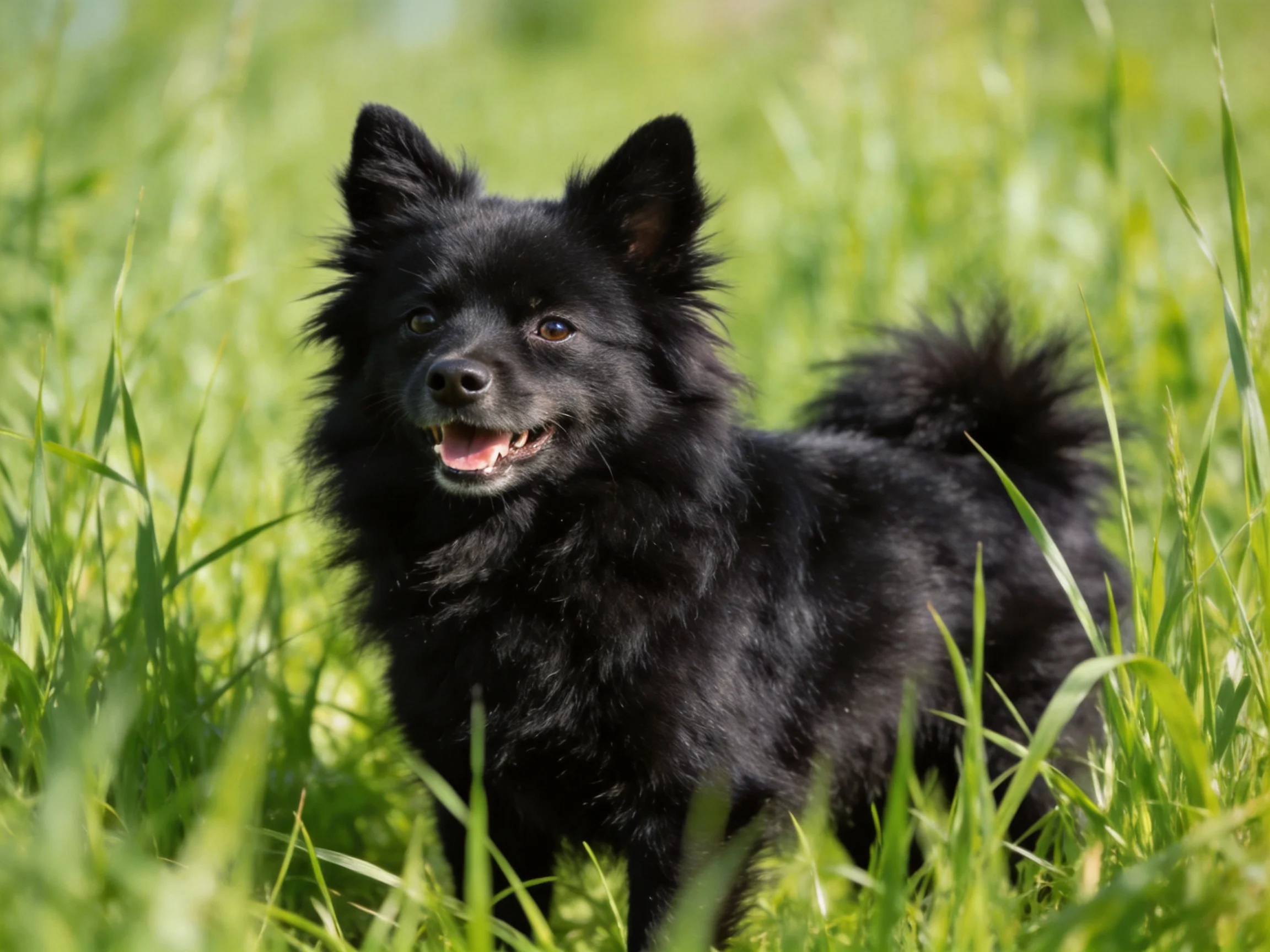 A black fluffy dog stands in a field of tall green grass.