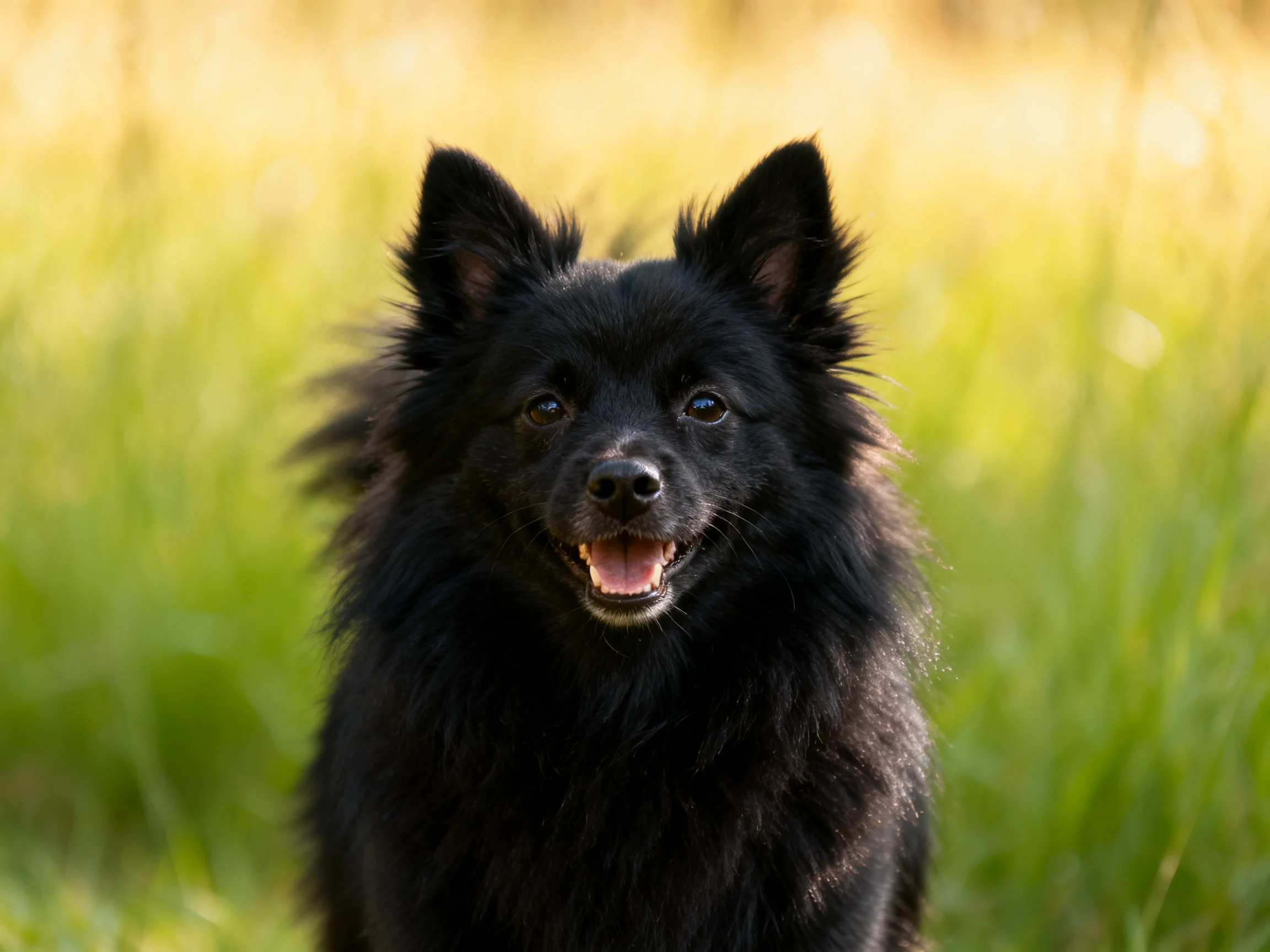 A black dog with a fluffy coat stands in a sunlit grassy area.