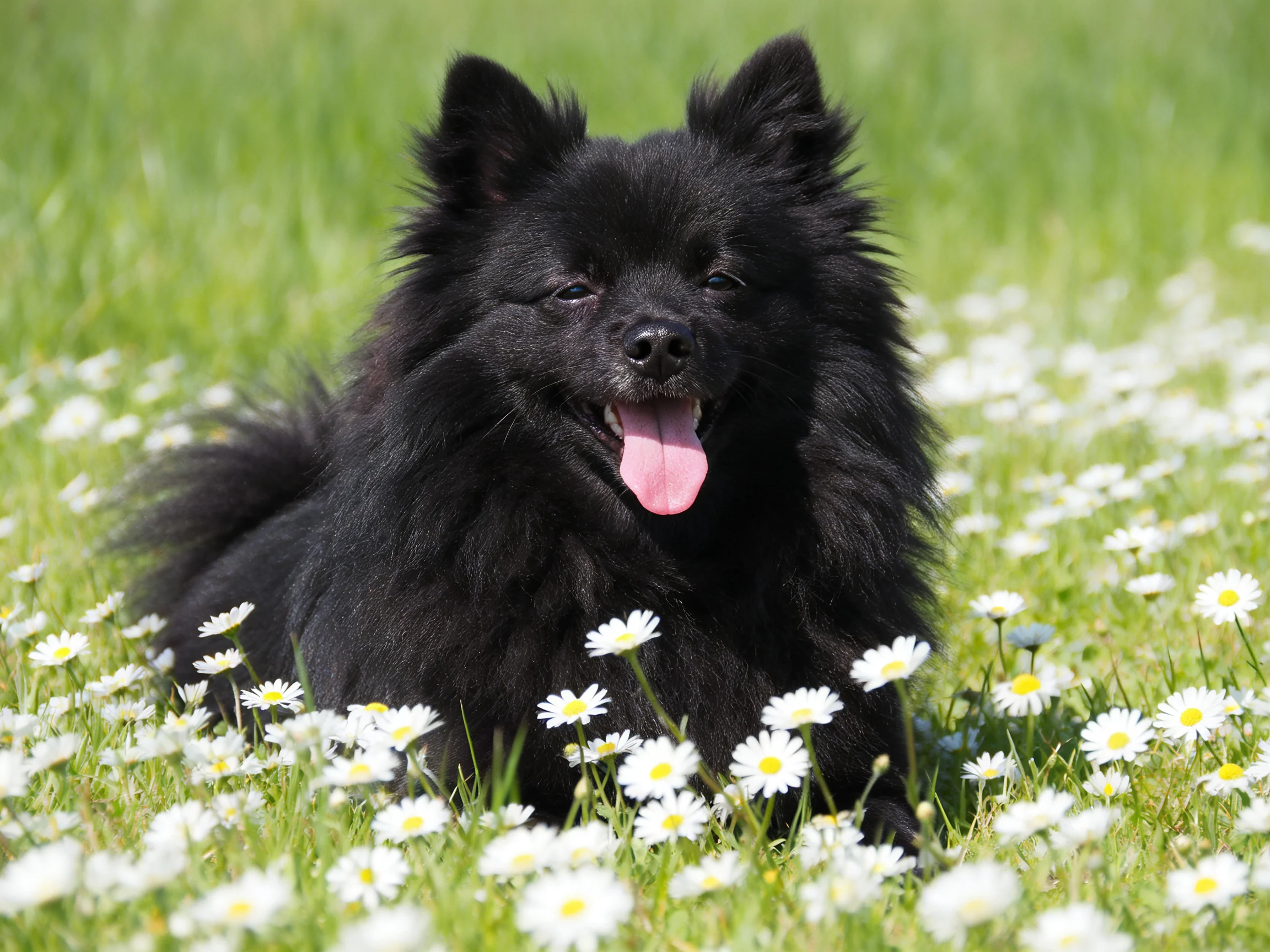 A black dog relaxes among white daisies in a grassy meadow.
