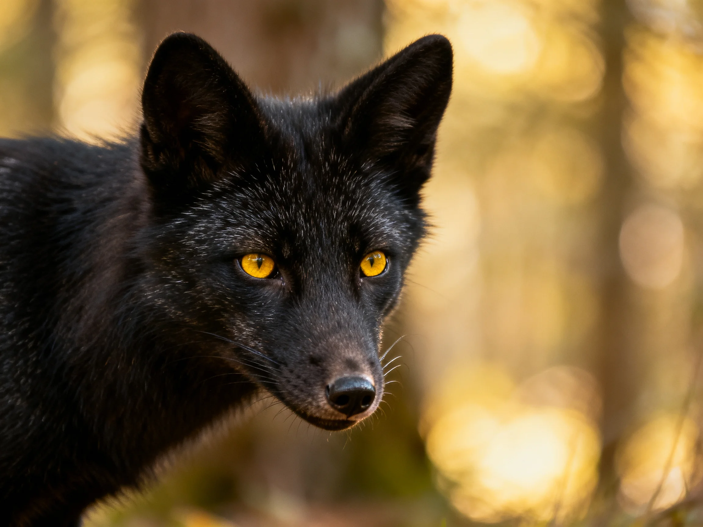 A black fox with bright yellow eyes stands in a sunlit forest.
