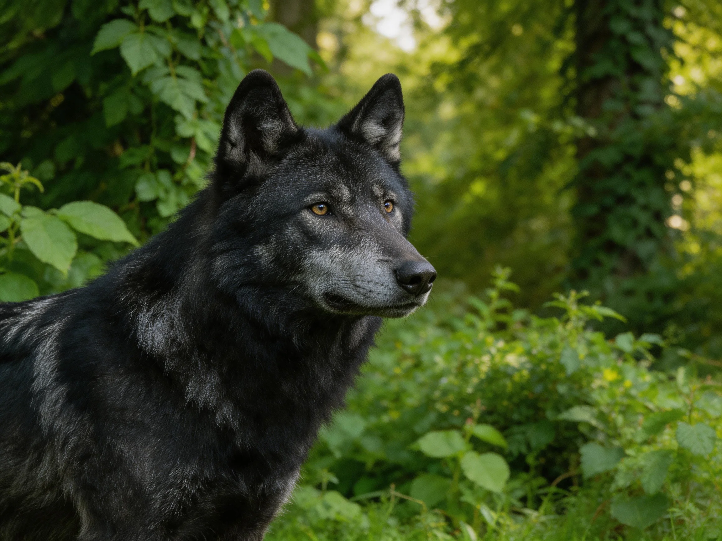 A black-furred canine in a sunlit forest with dense greenery