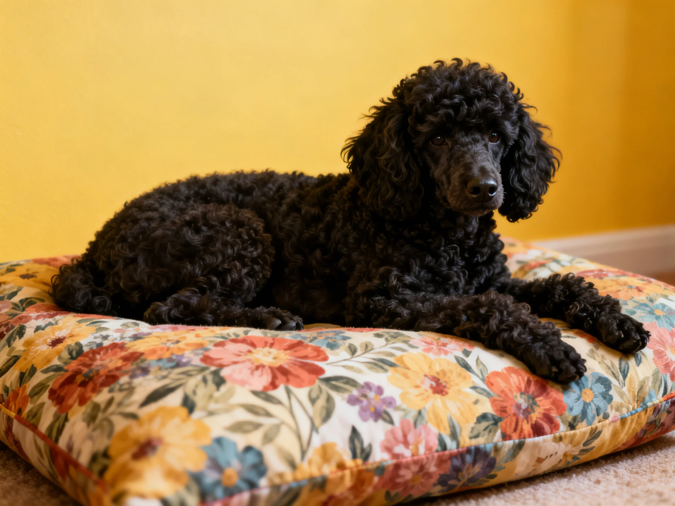 A black poodle rests on a vibrant floral cushion near a yellow wall