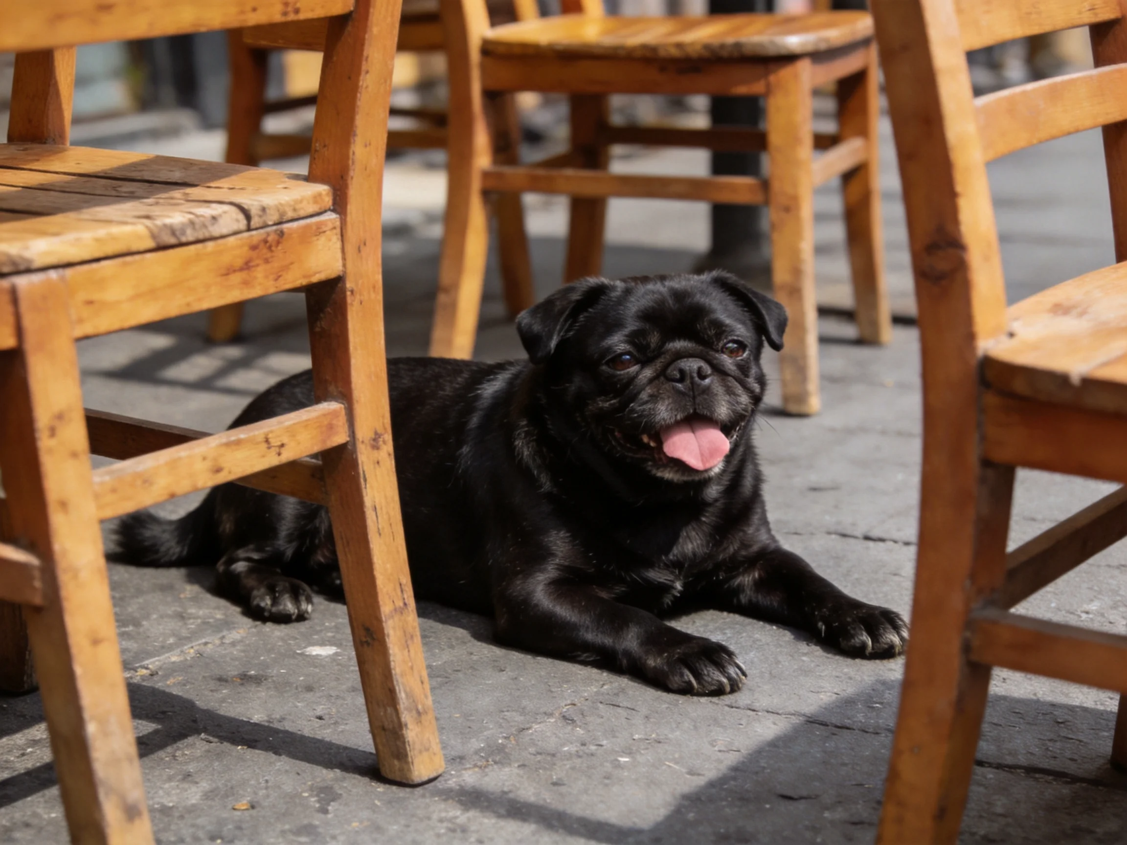 A black pug rests among weathered wooden chairs on a stone patio