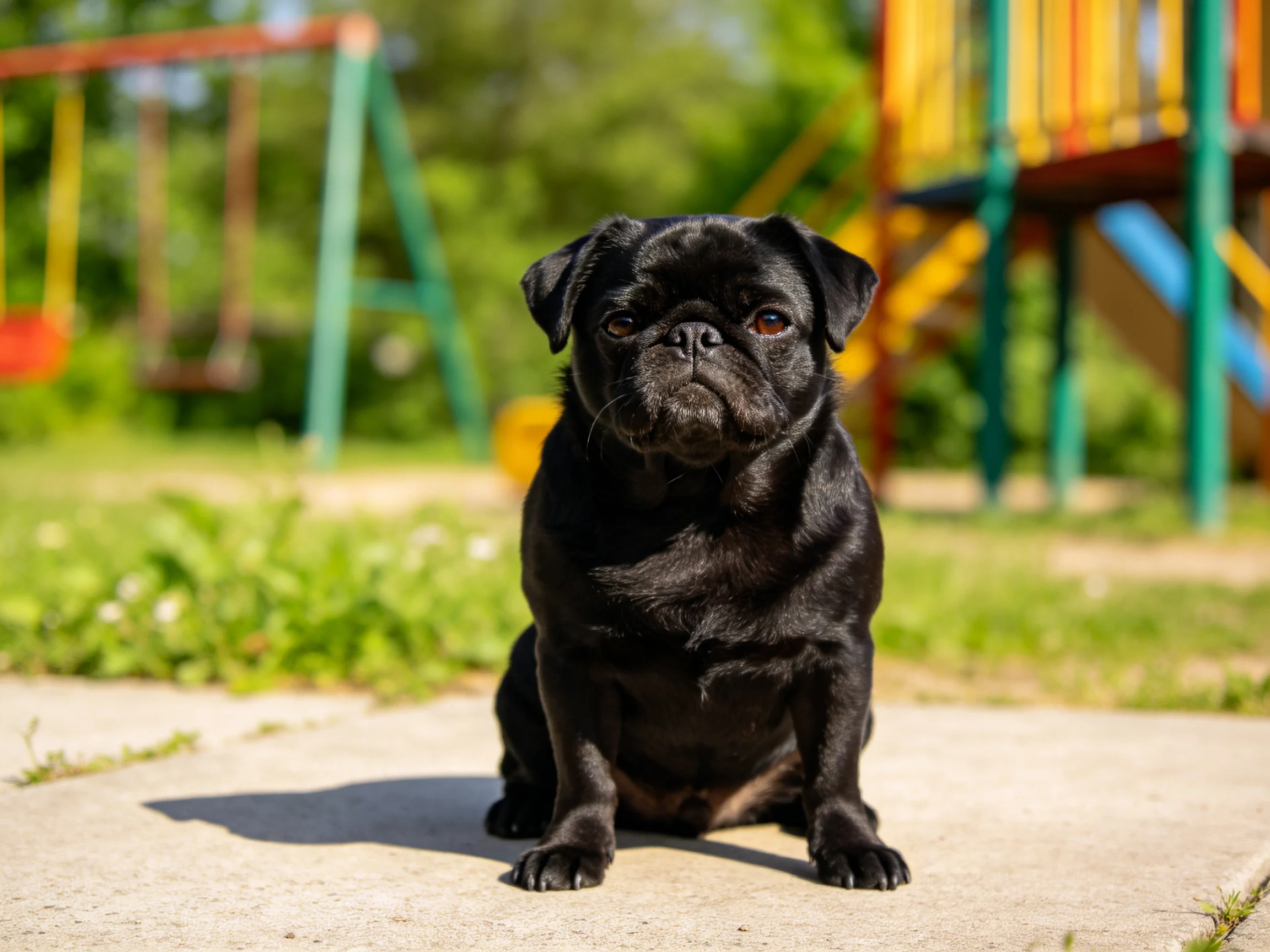 A black pug sits near colorful playground equipment