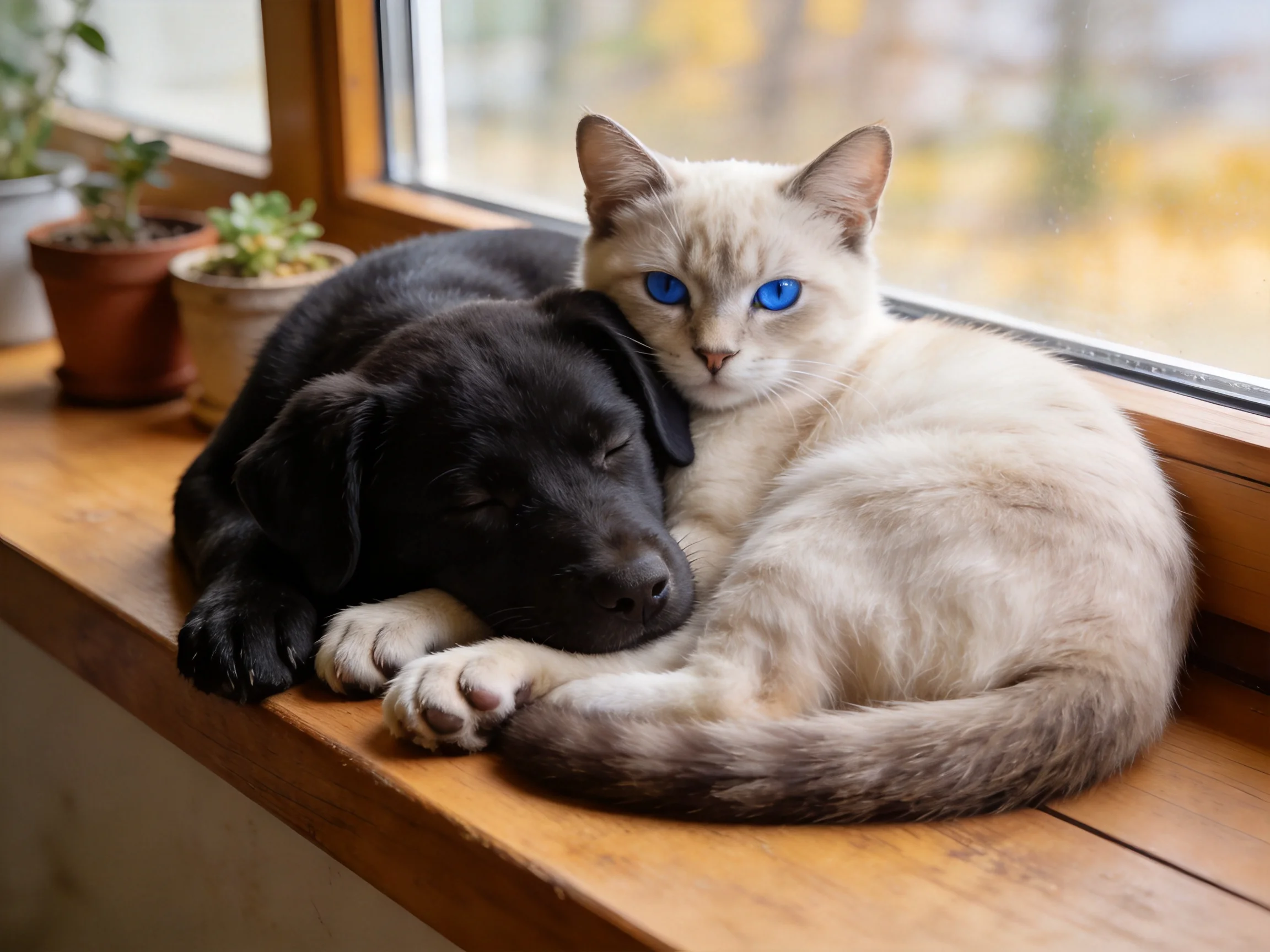 A black puppy and a blue-eyed cat cuddle on a wooden windowsill