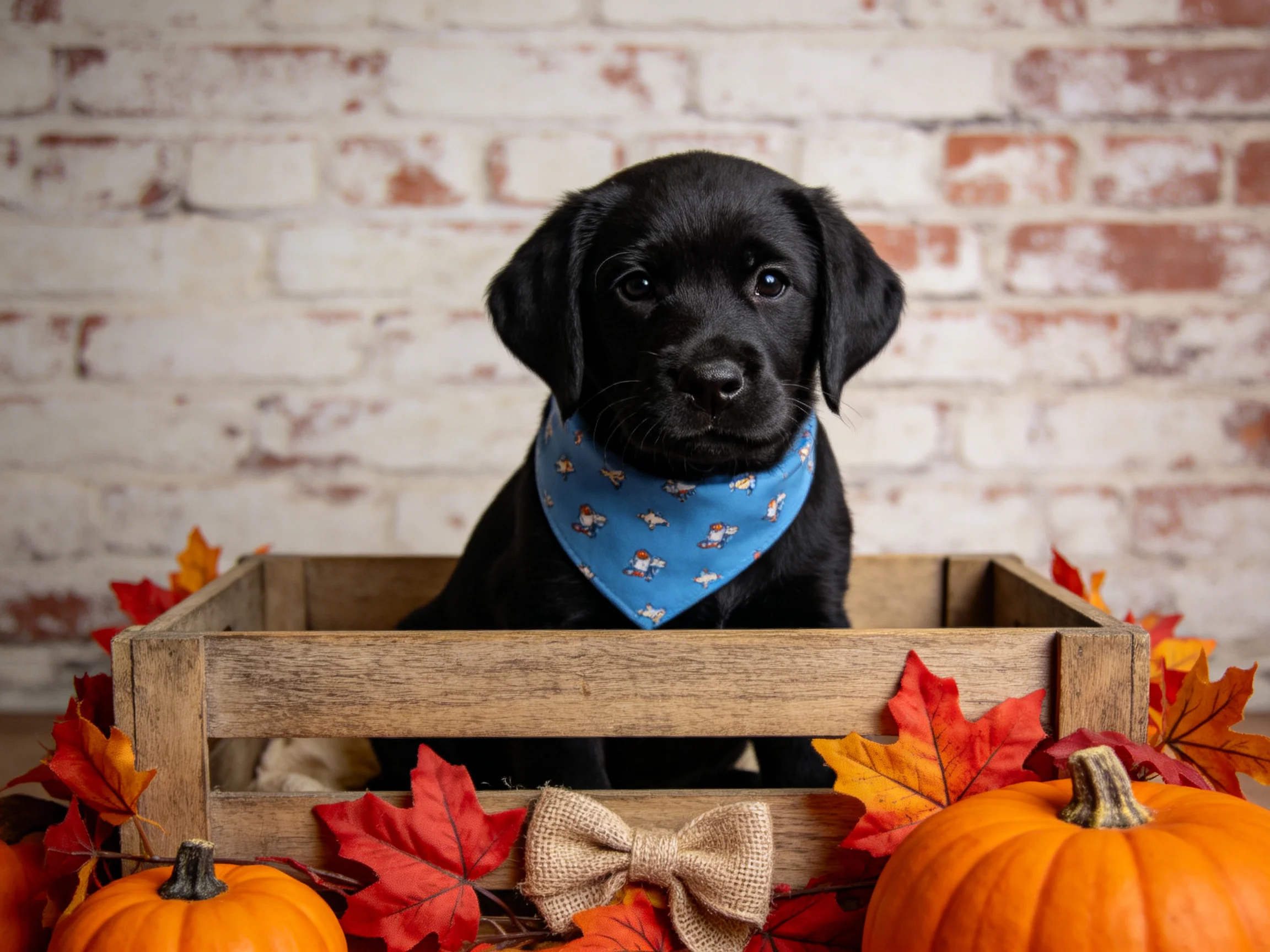A black puppy in a wooden crate with autumn-themed decorations
