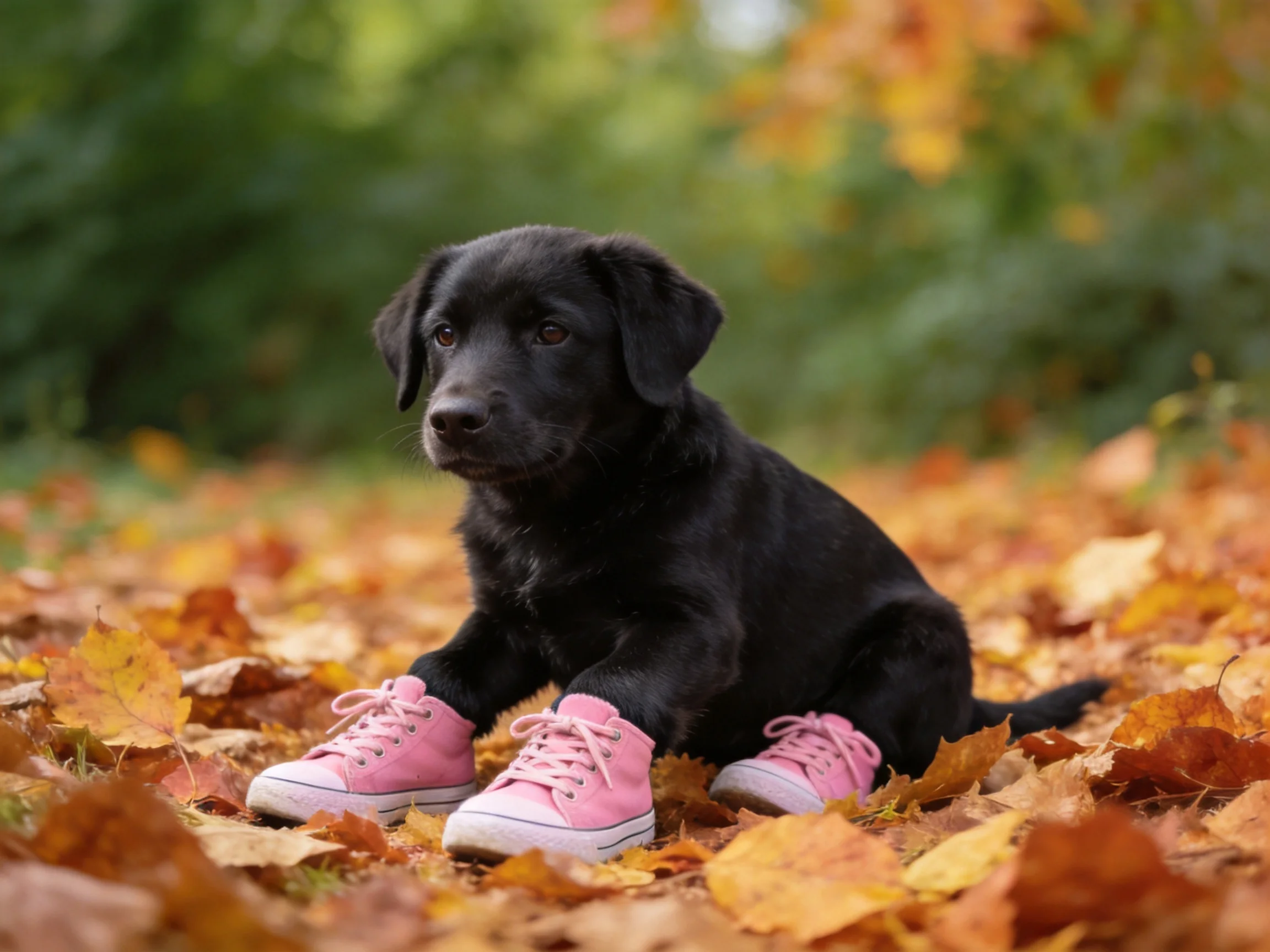A black puppy wears pink sneakers while sitting on fallen autumn leaves.