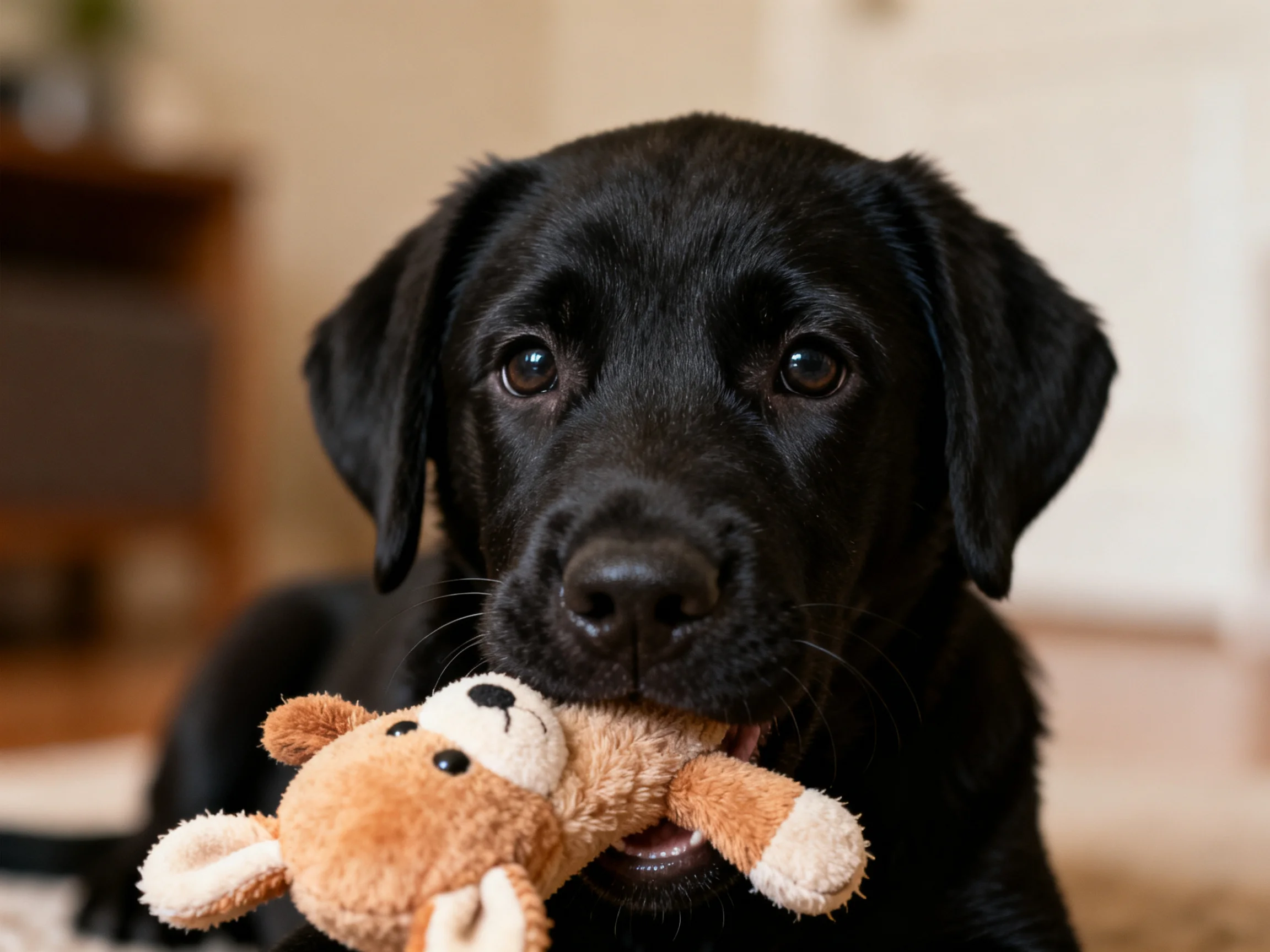 A black puppy playing with a brown stuffed toy indoors