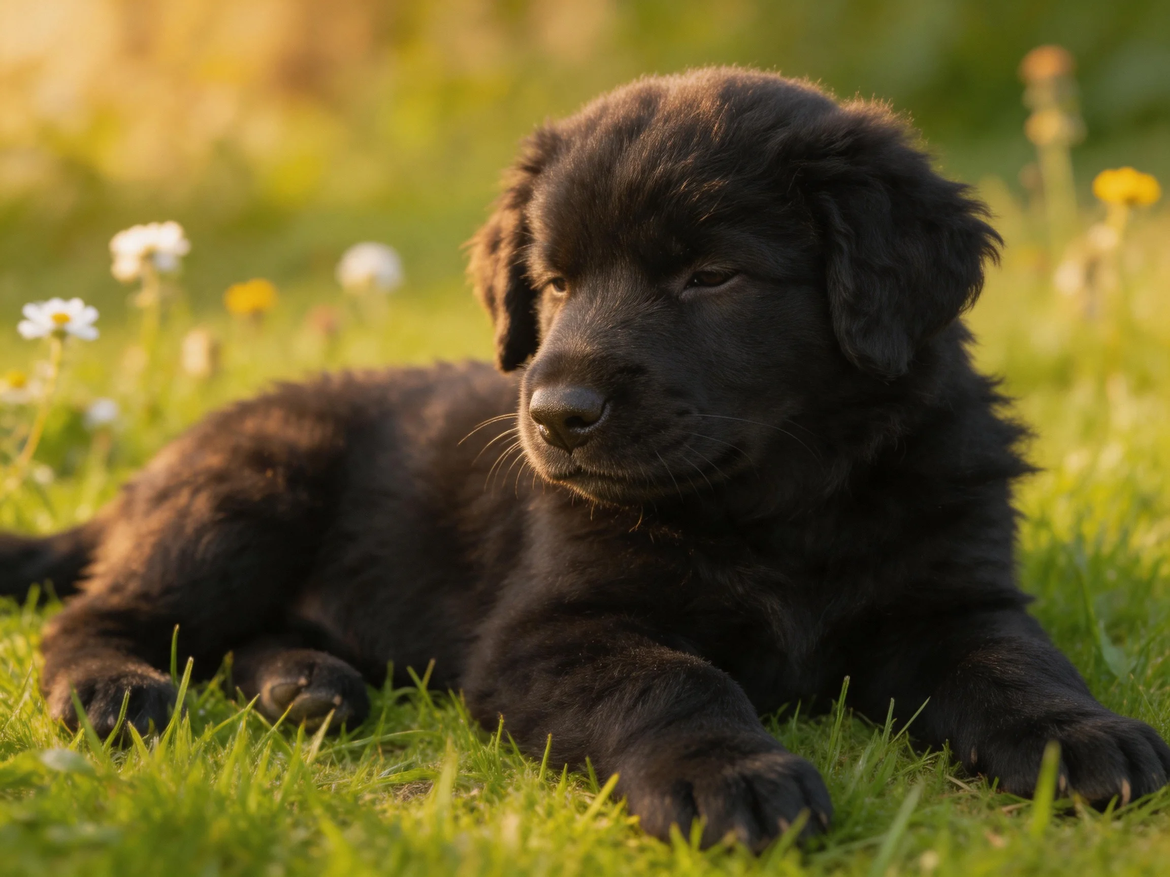 A black puppy rests calmly on green grass amid wildflowers.